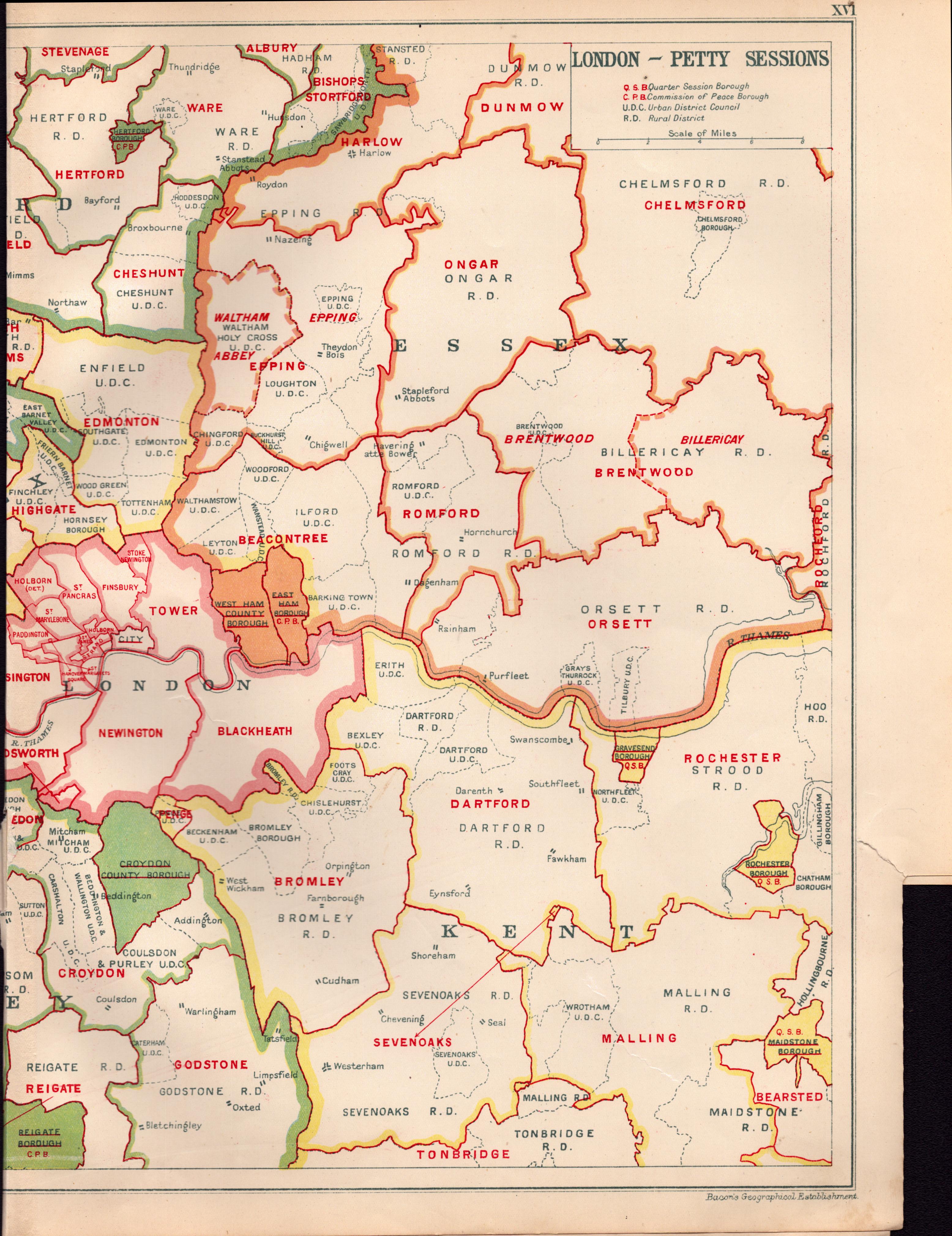 Bacons Vintage London Suburbs Court Petty Sessions  Detailed Map.