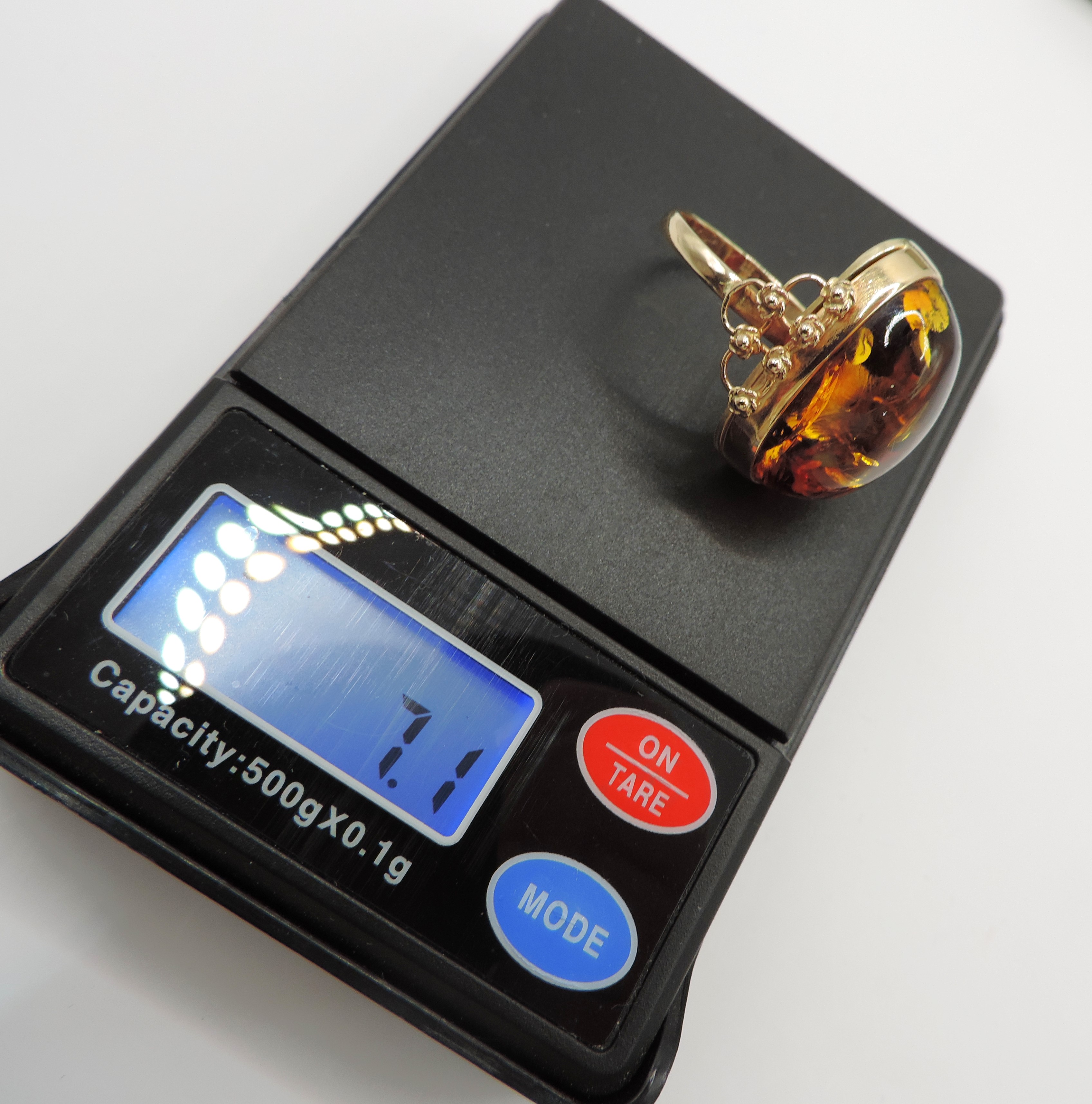 Artisan 14k Gold 23x12mm Cabochon Baltic Amber Ring circa. 1990's.