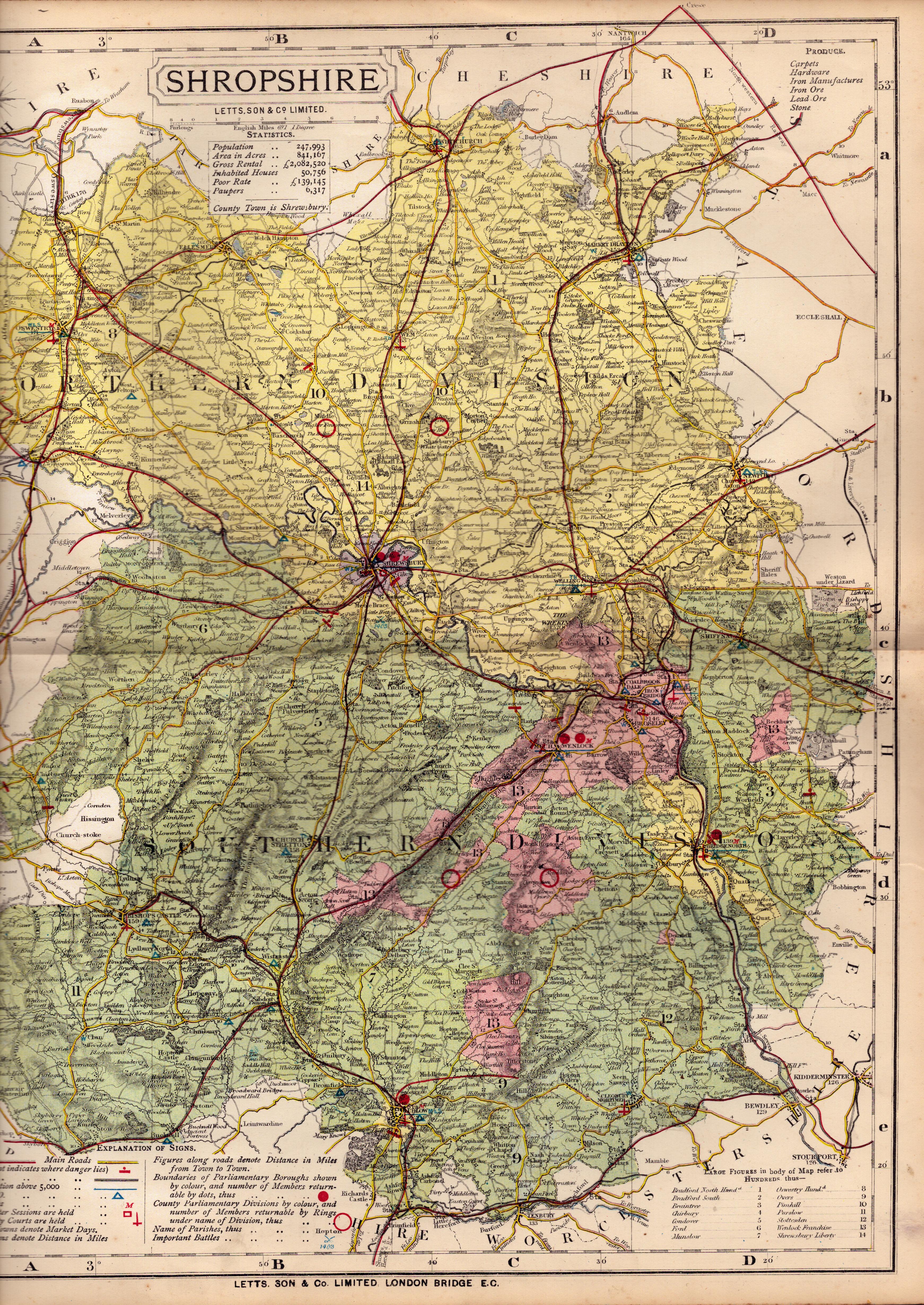 The County of Shropshire Large Victorian Letts 1884 Antique Coloured Map.