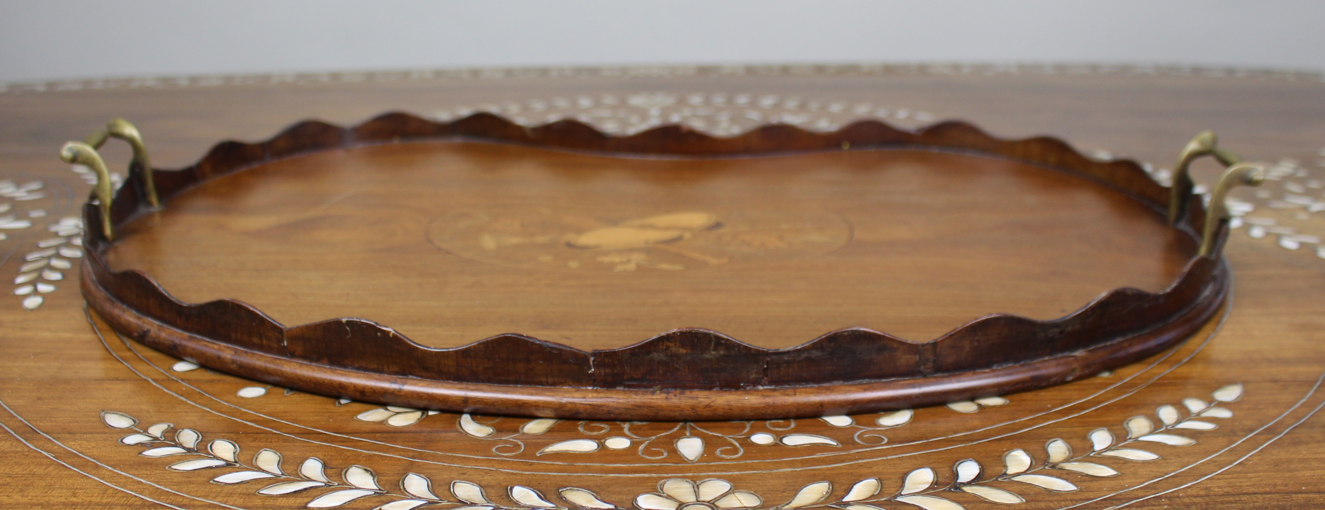 Antique Inlaid Wooden Tray with Brass Handles