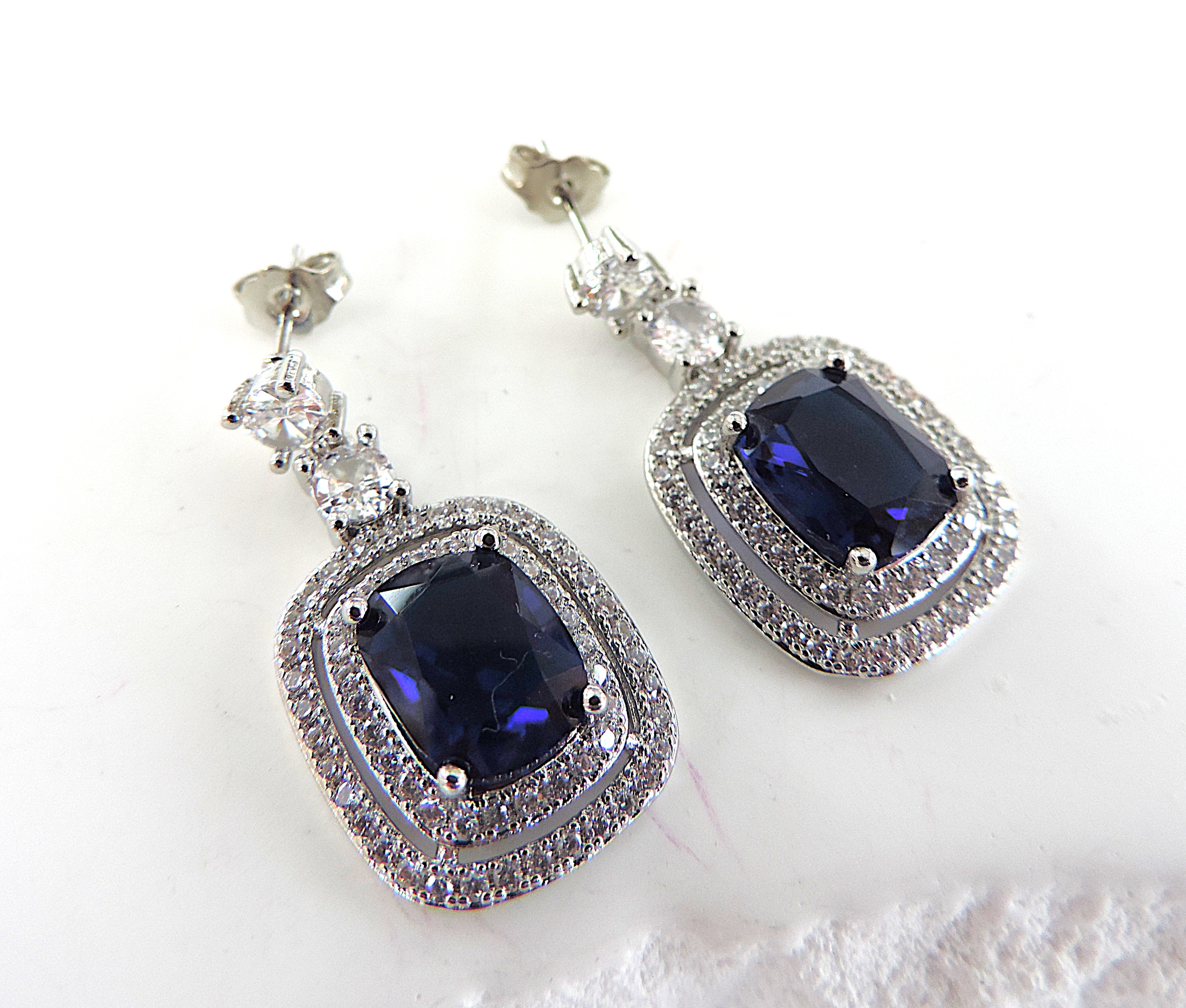 Blue & White Zircon Gemstone Drop Earrings