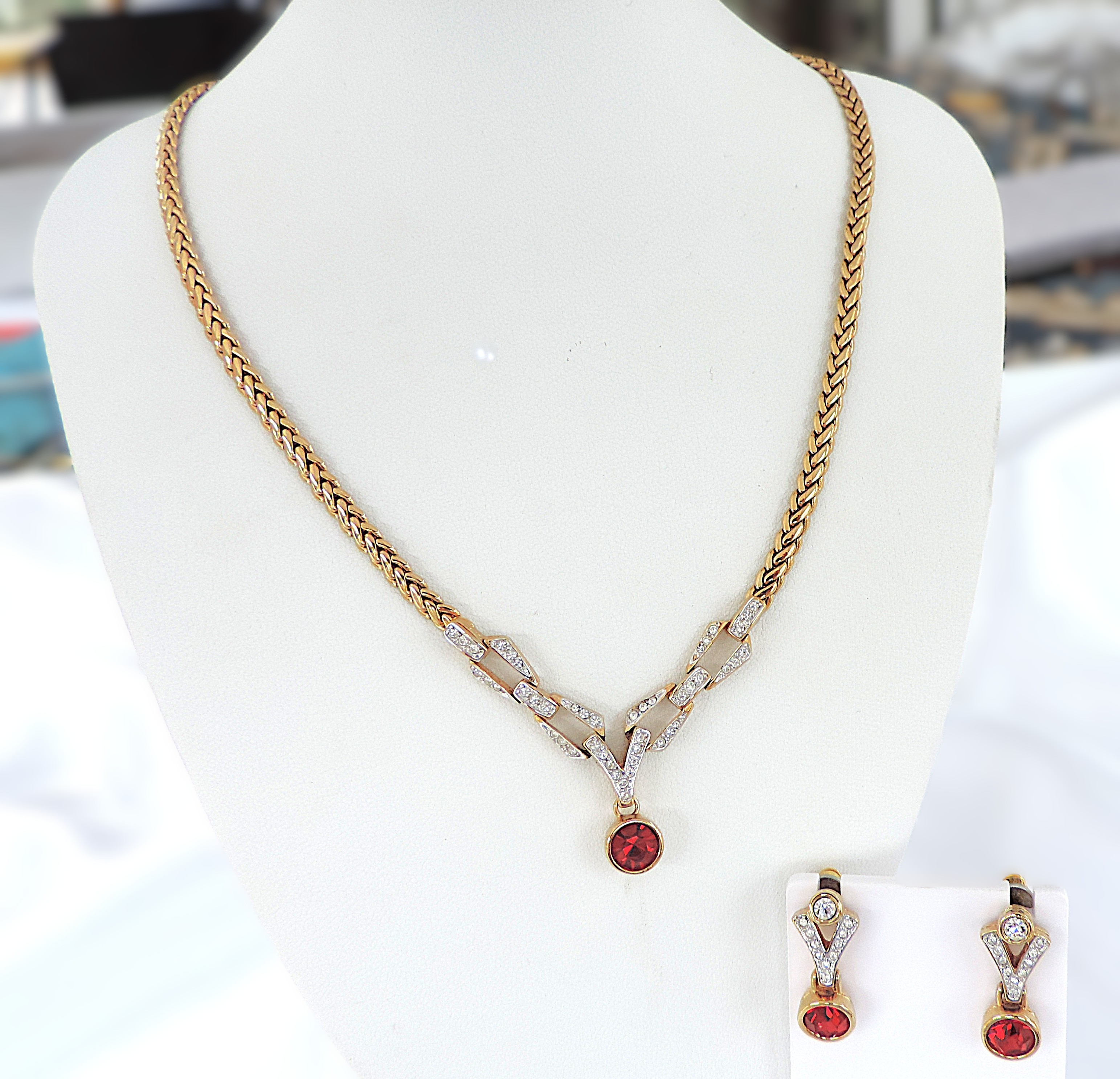 Vintage Gold Plated Austrian Crystal Necklace & Earrings Set c.1980's