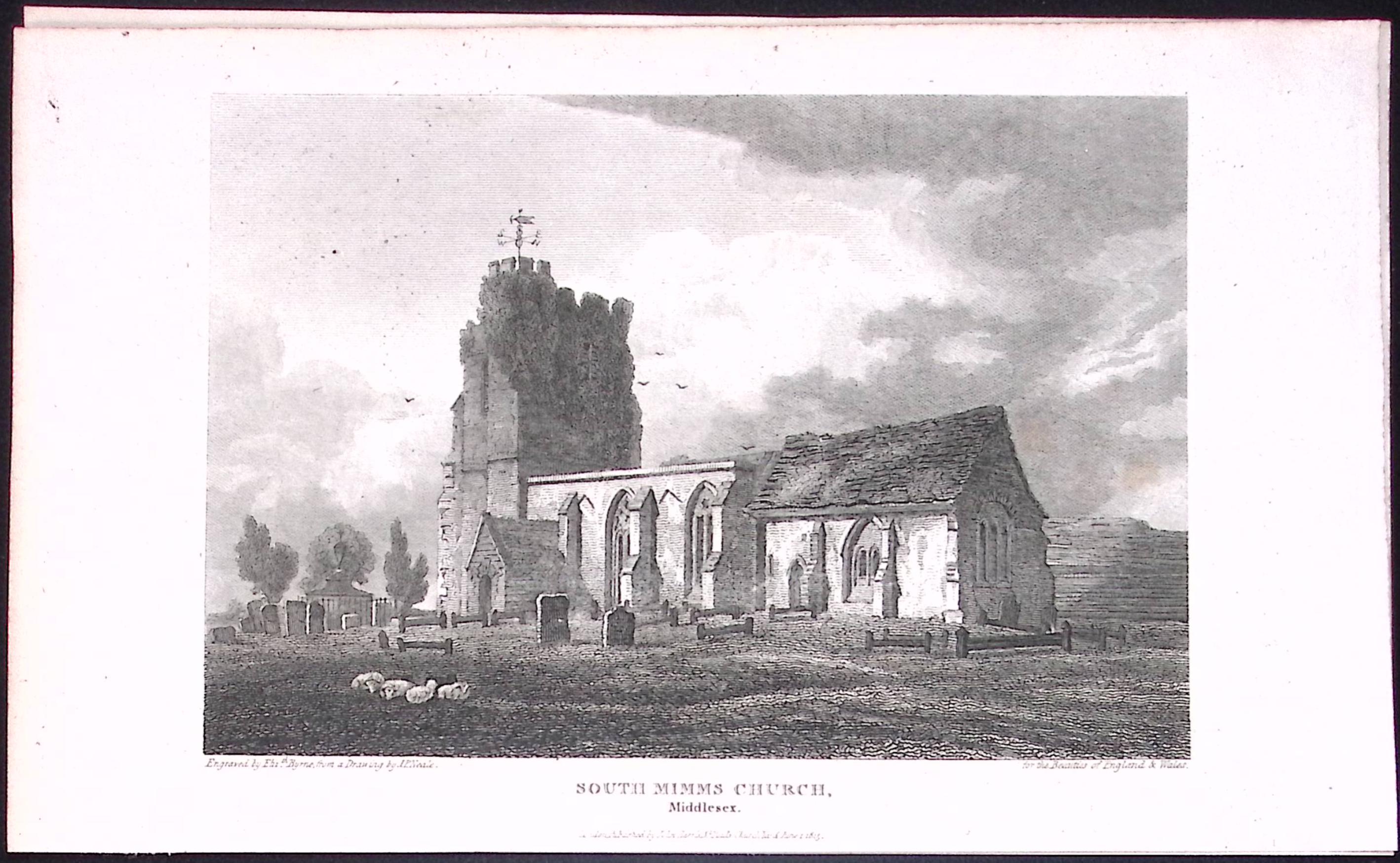 South Mimms Church  London Antique 200 Years-Old Steel-Engraving-243