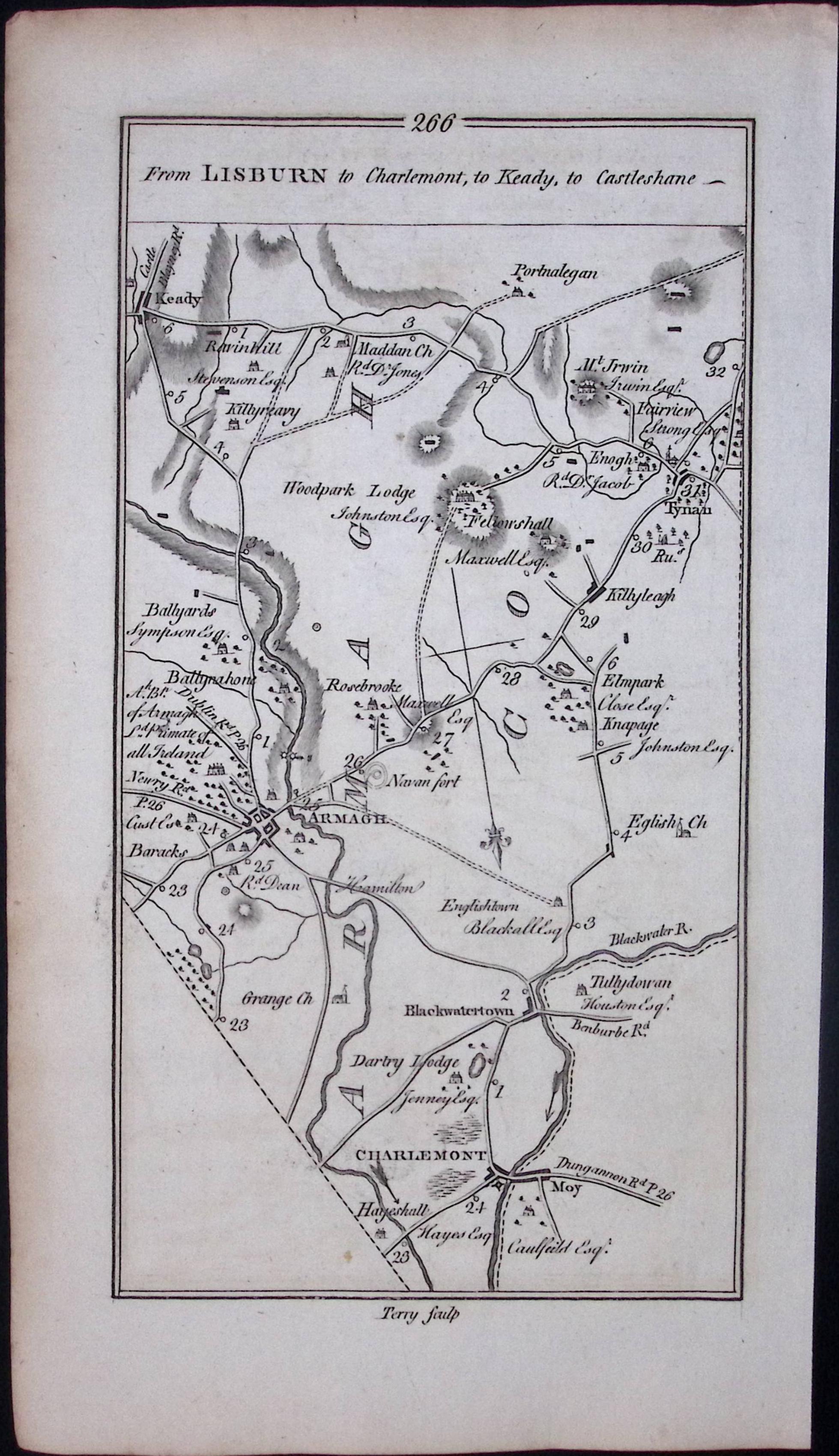 Ireland 245 Years -Old Antique Road Map Lisburn, Armagh, Lurgan-266