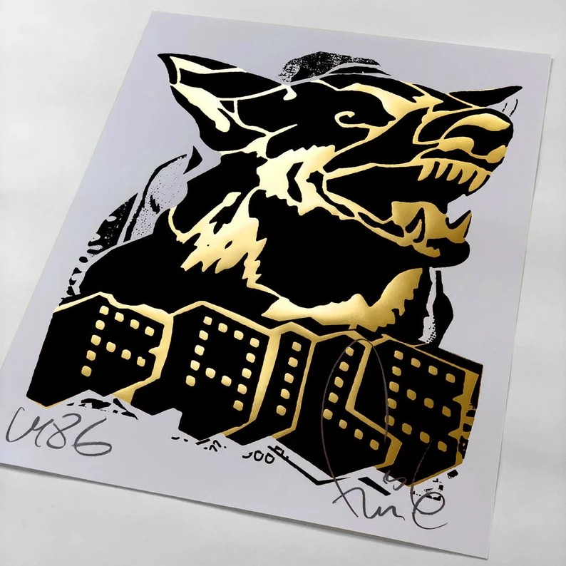 Faile (b 1975 & 76) Alsatian ‘Black/Gold’ Embossed Screen Print On Paper Signed, Limited Edition 23