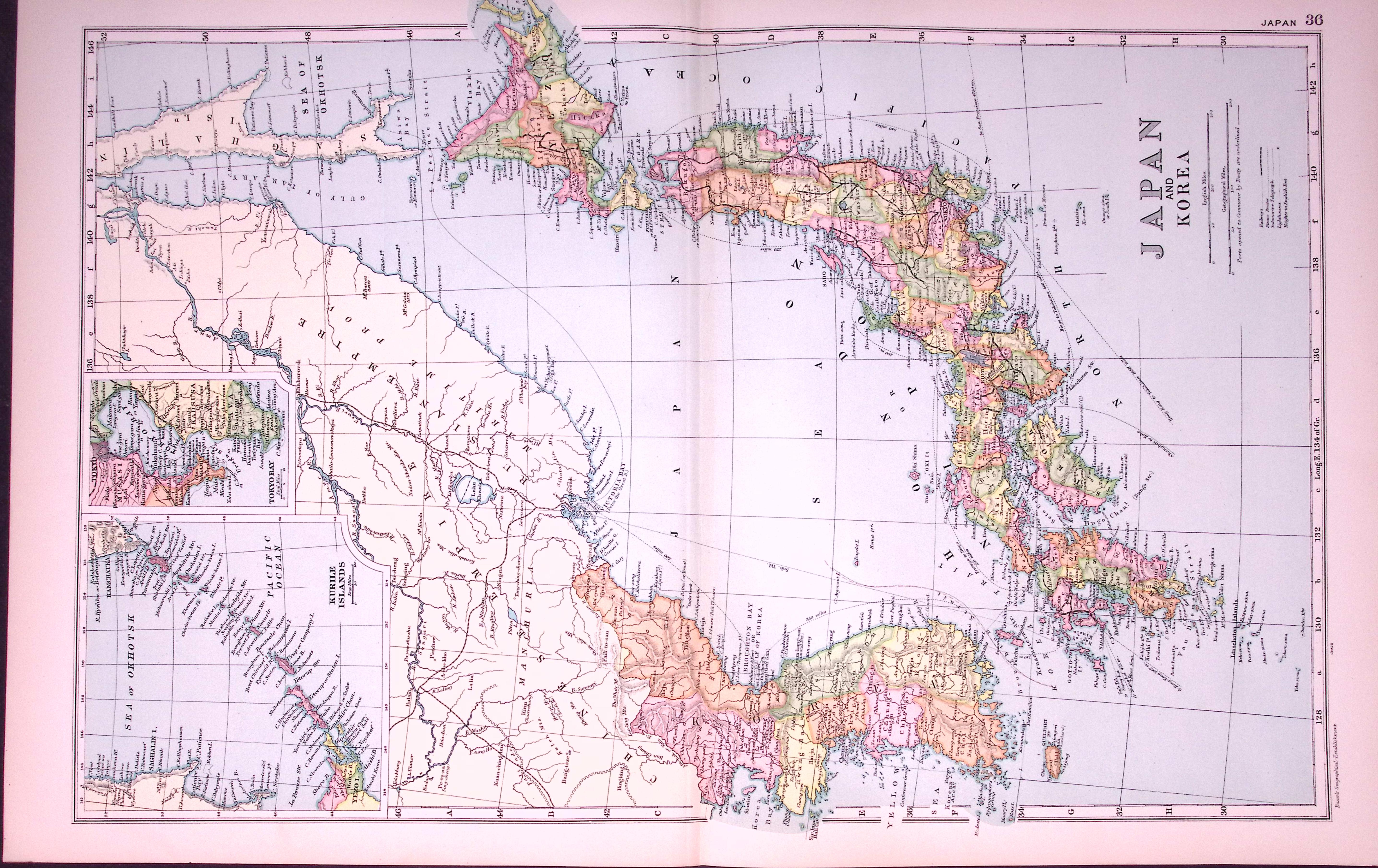 Japan & Korea 120-Year-Old Large Antique Map by G.W. Bacon-36
