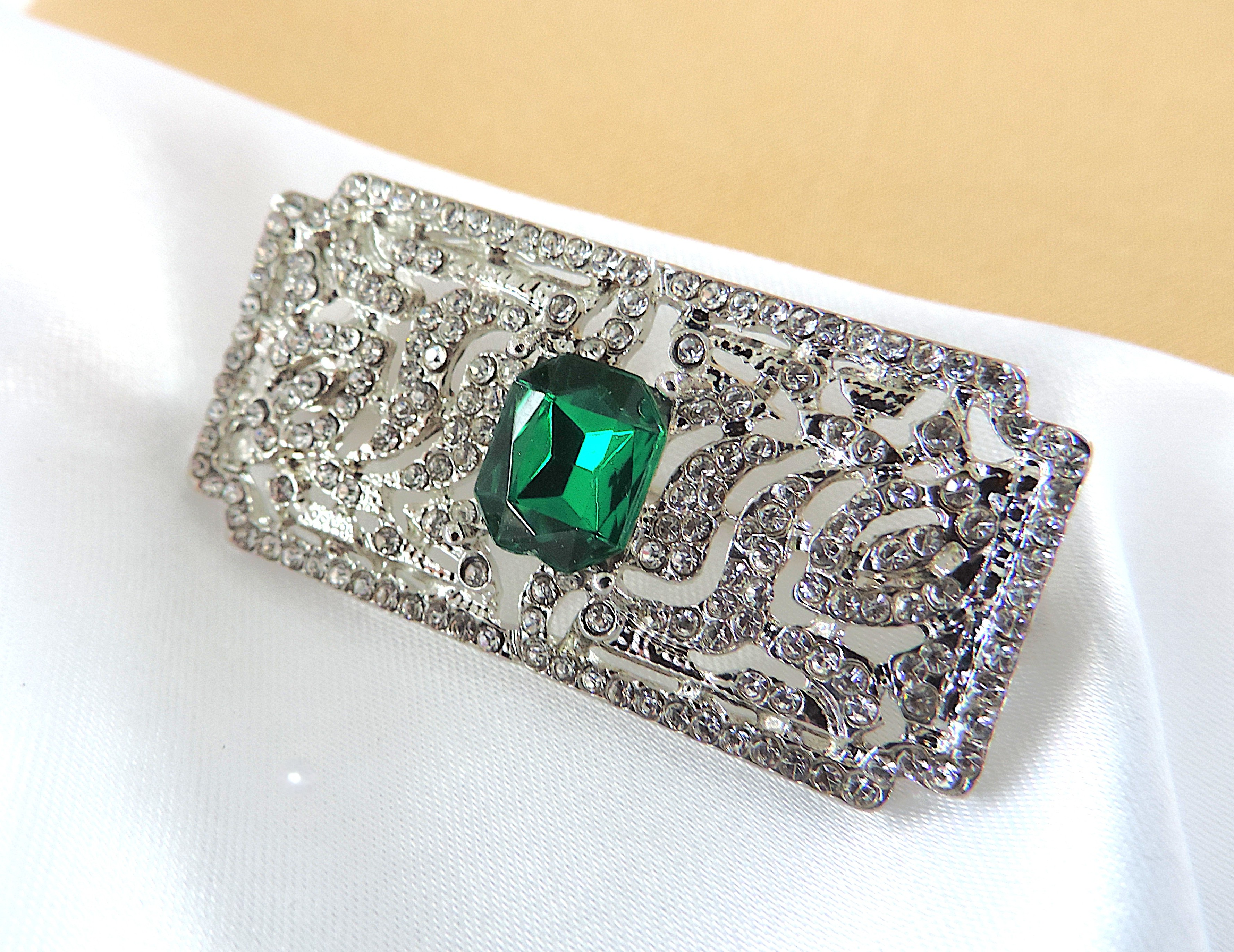 Art Deco Style Green & WhIte Crystal Brooch