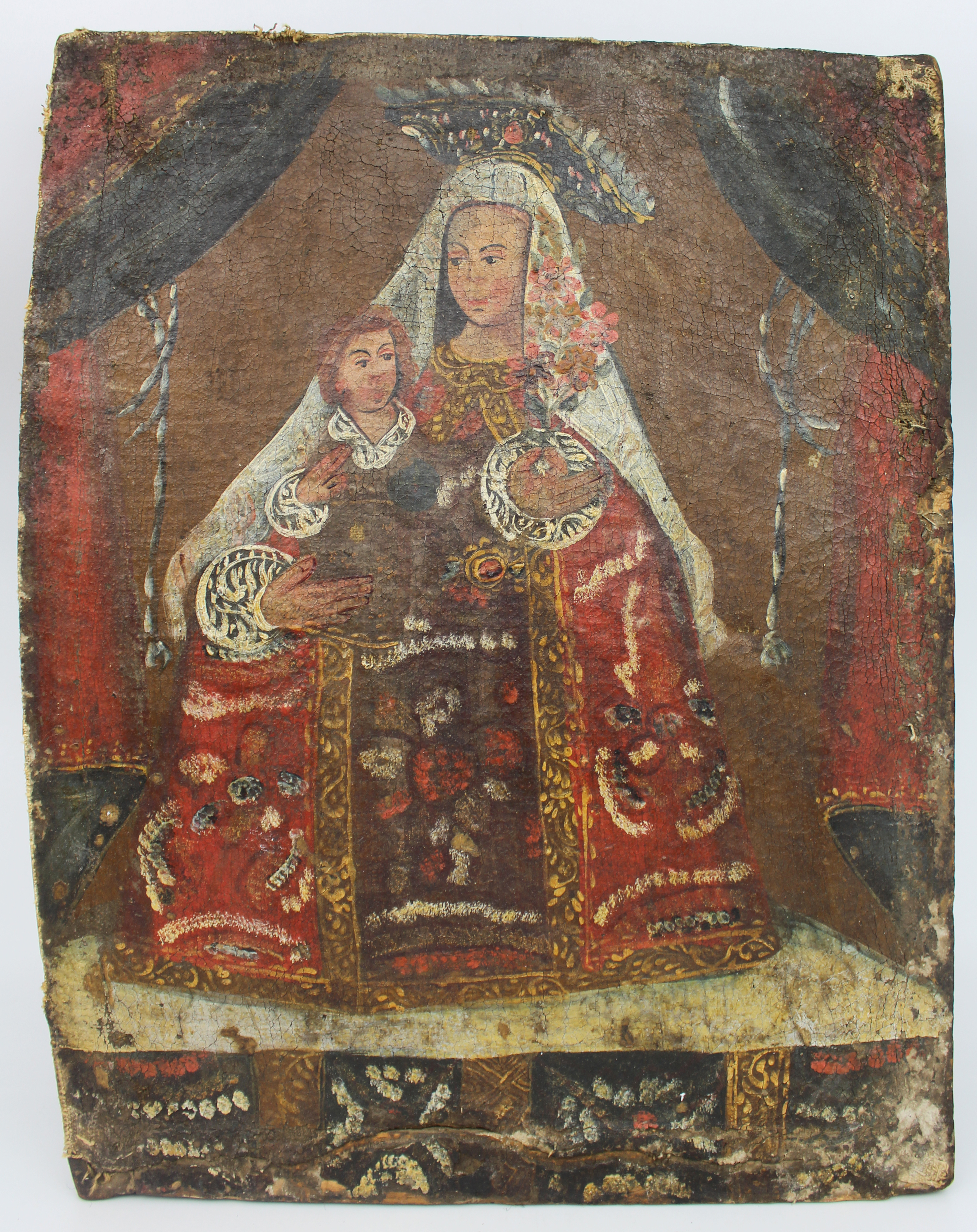 18th Century Andean Colonial Oil on Canvas – Madonna and Child