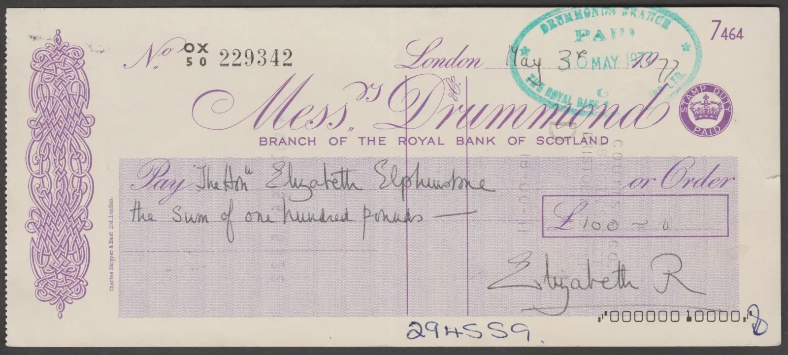 Royalty Queen Mother signed cheque May 1977 Elizabeth R on Messrs Drummond Royal Bank of Scotland