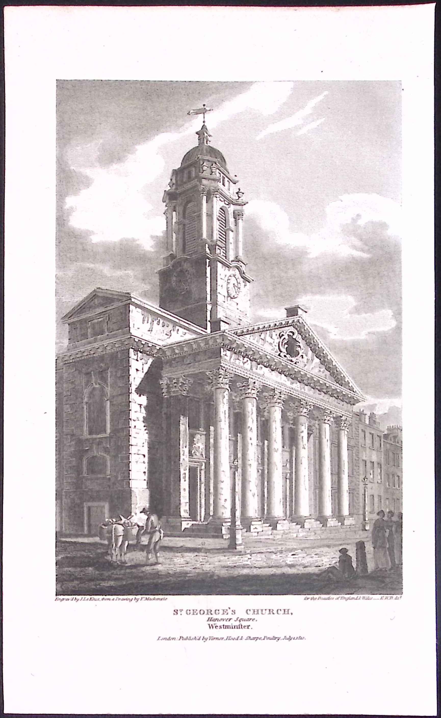St Georges Church Hanover Square London Antique 200 Years-Old Steel-Engraving-237