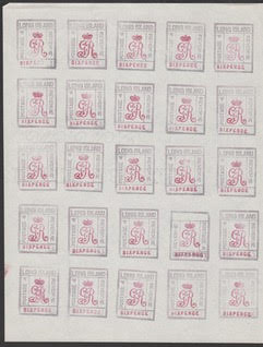 LONG ISLAND 1916 6d ESSAY, the frame in black, the arms and value in red, in a complete sheet of 25