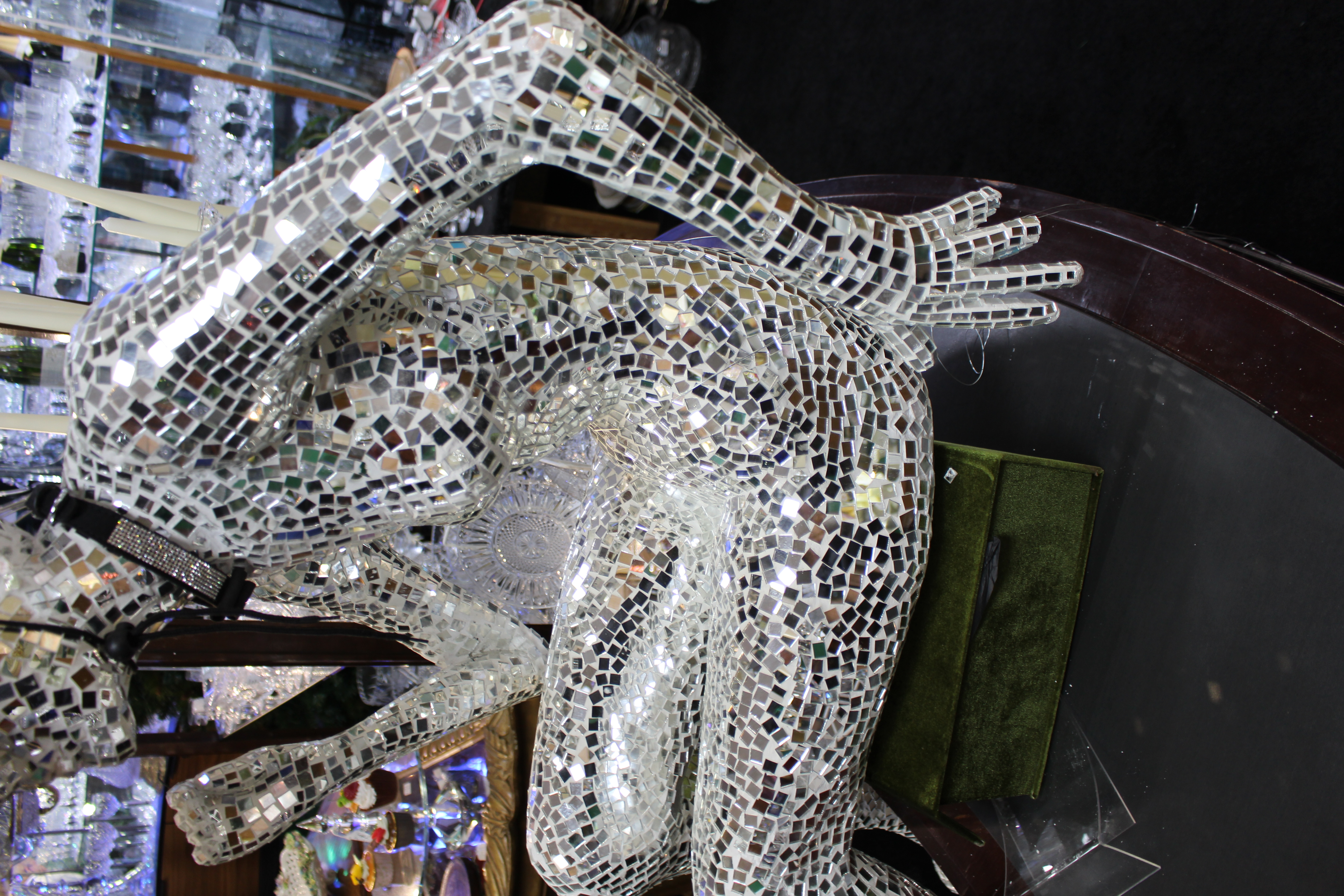 Large Mirrored Mosaic Female Figure Sculpture with Hat