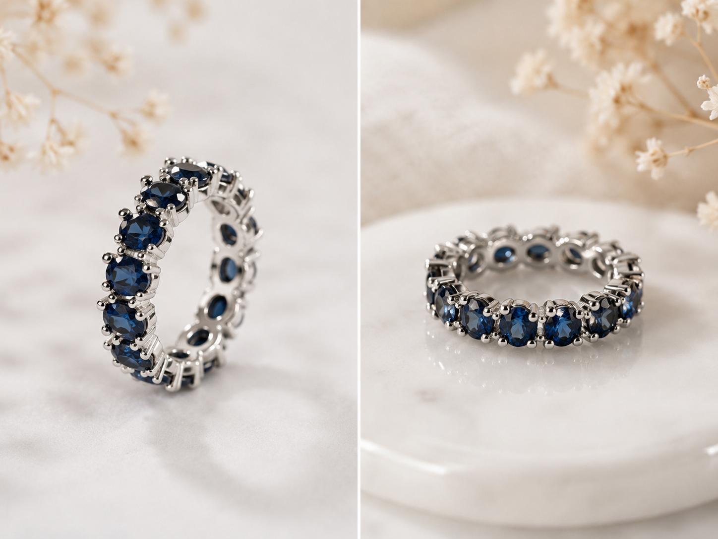 Synthetic Blue Sapphire Eternity Ring – Silver Plated Band – Size 16.5