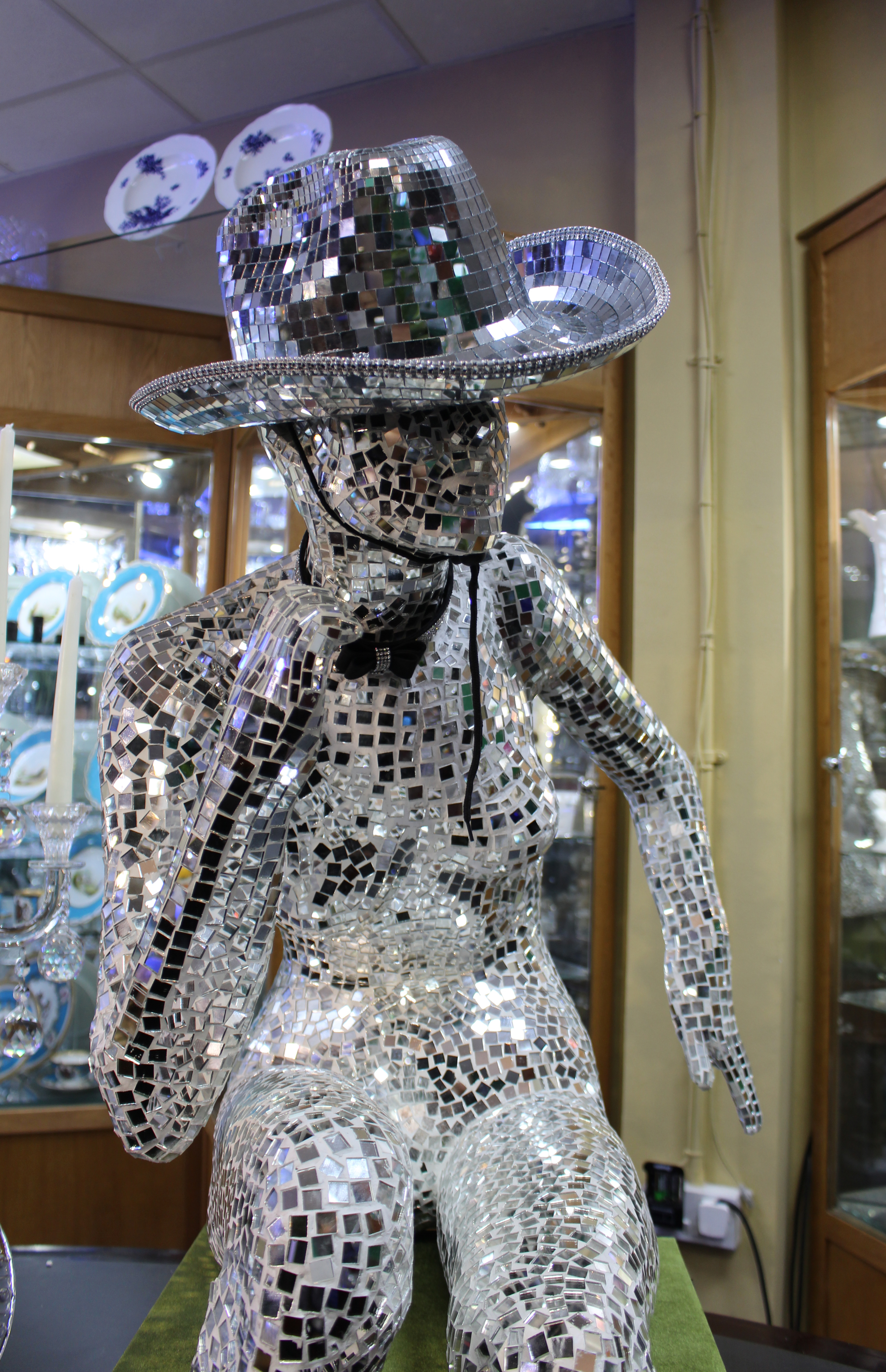 Large Mirrored Mosaic Female Figure Sculpture with Hat