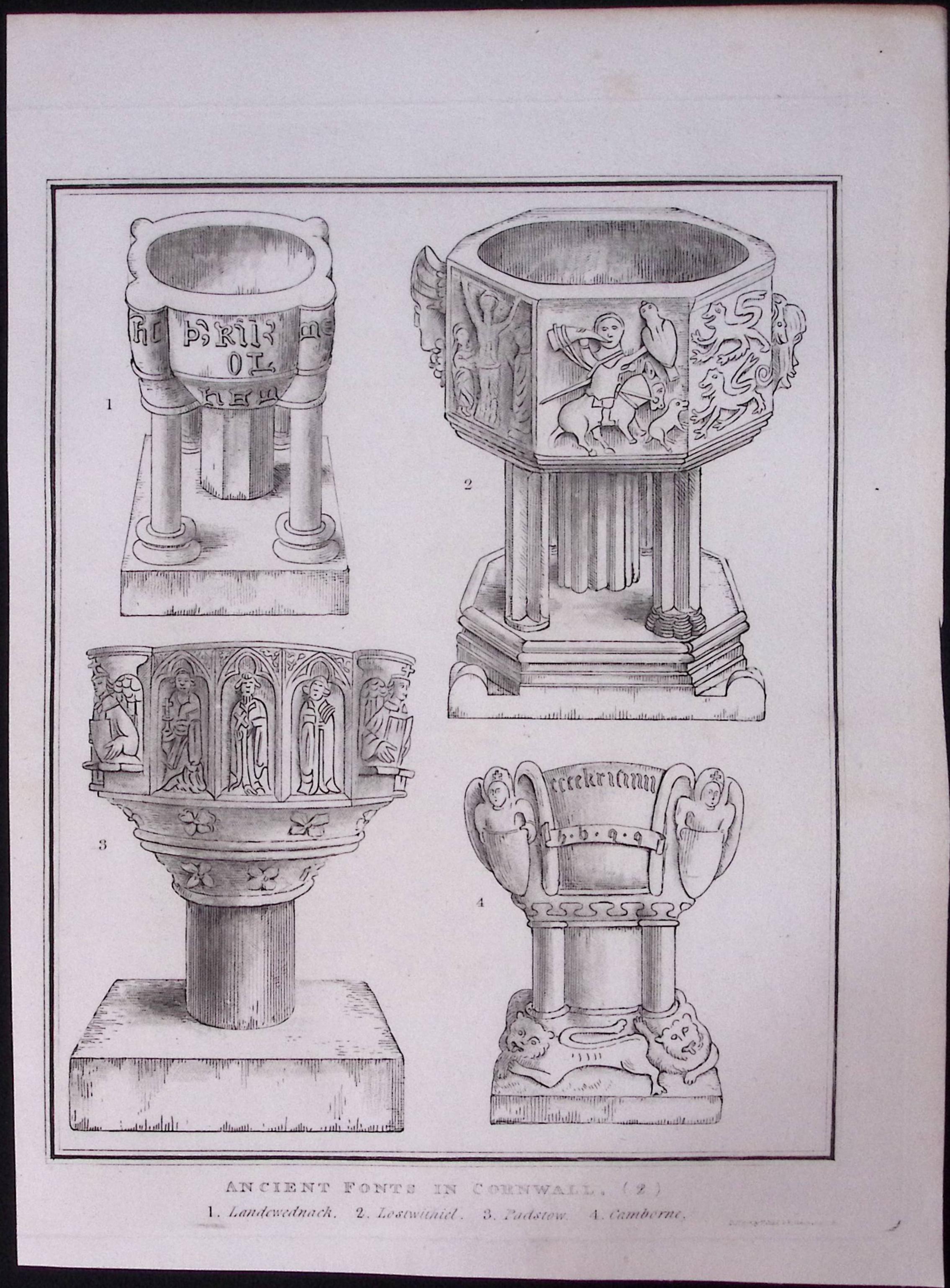 Cornwall Ancient Church Fonts Rare Antique Copper Plate Etching.2