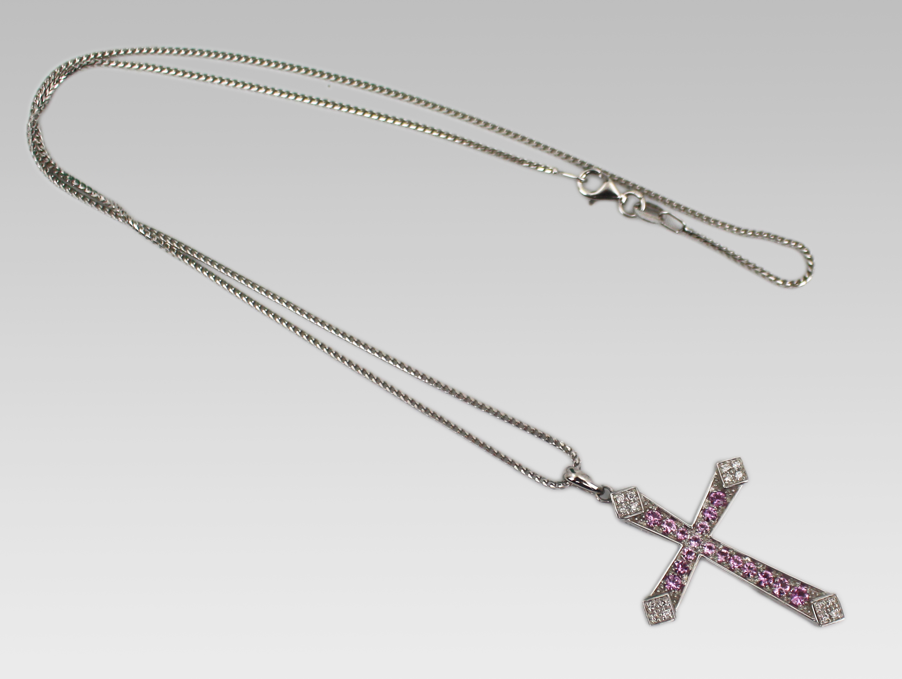 Very Fine Pink Diamond & Diamond 18ct White Gold Crucifix on Chain