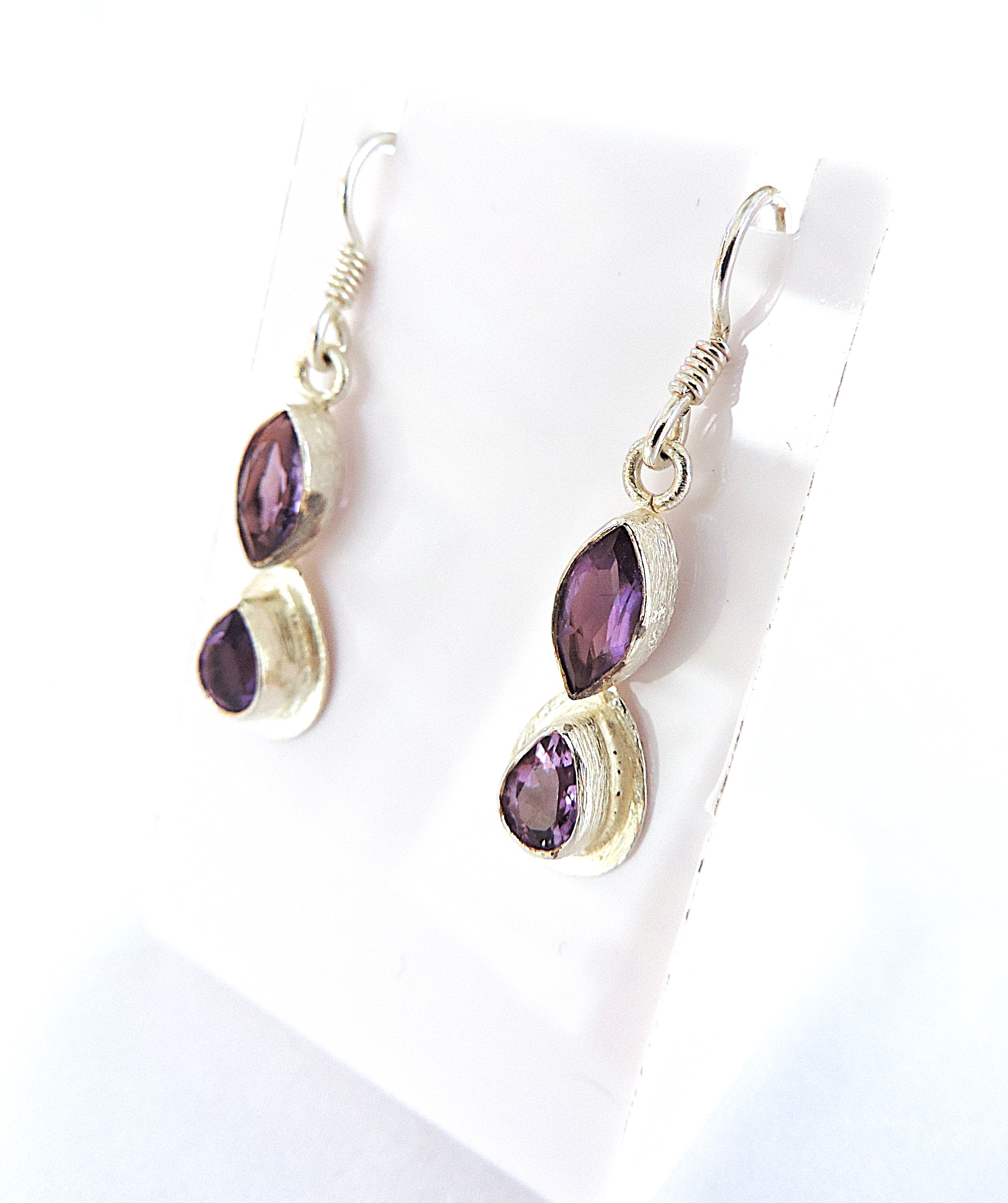 925 Silver Amethyst Gemstone Drop Earrings 'NEW'