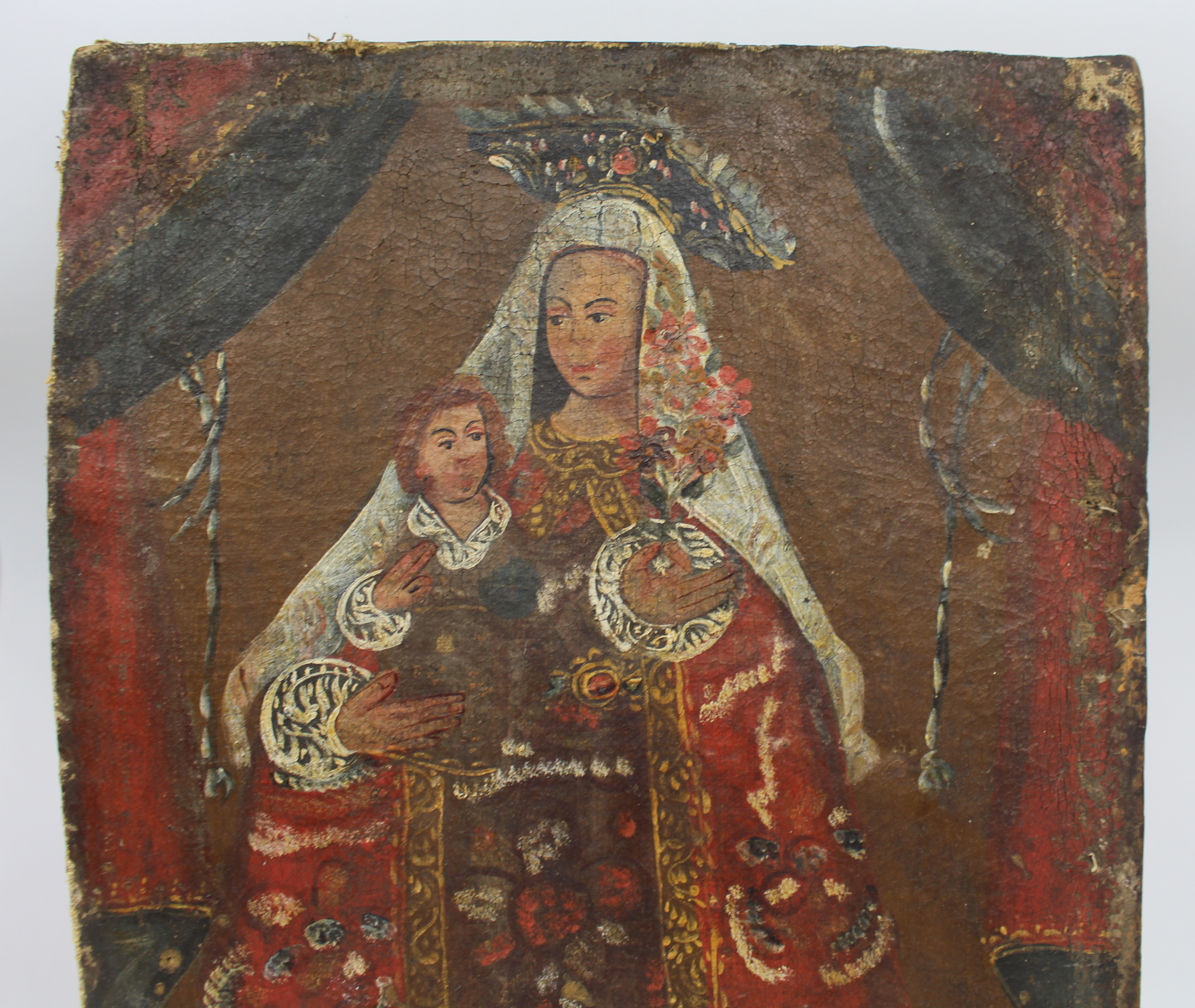 18th Century Andean Colonial Oil on Canvas – Madonna and Child