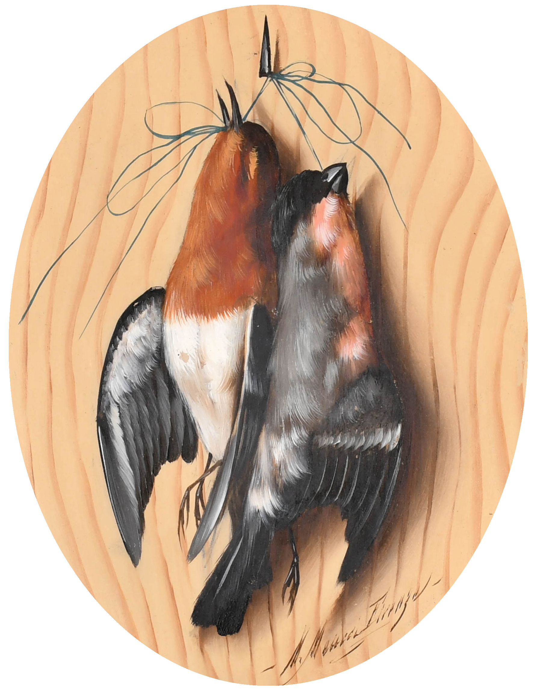 Trompe l'Oeil Still Life of Hanging Songbirds