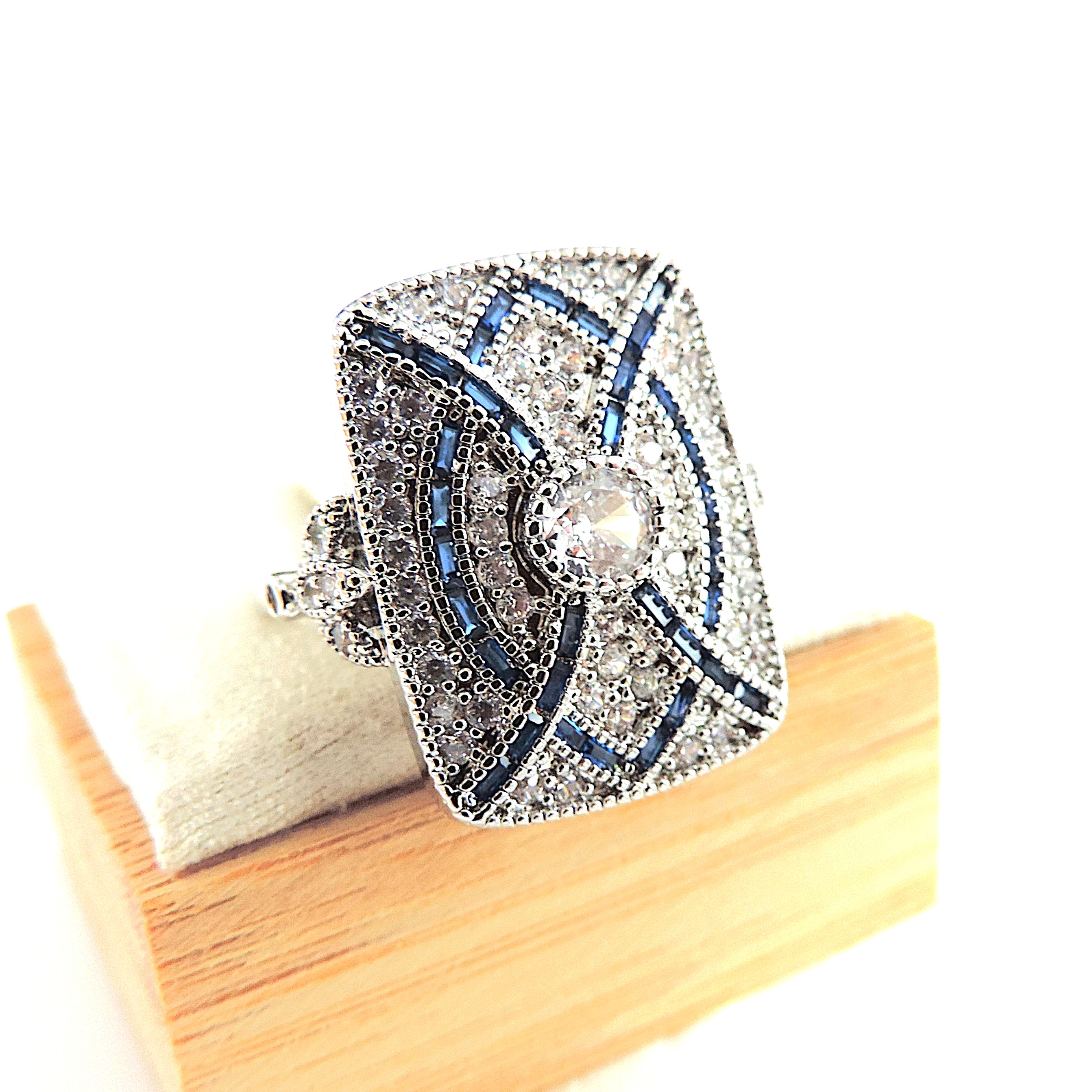 Art Deco Style Blue & White Gemstone Ring with Gift Box