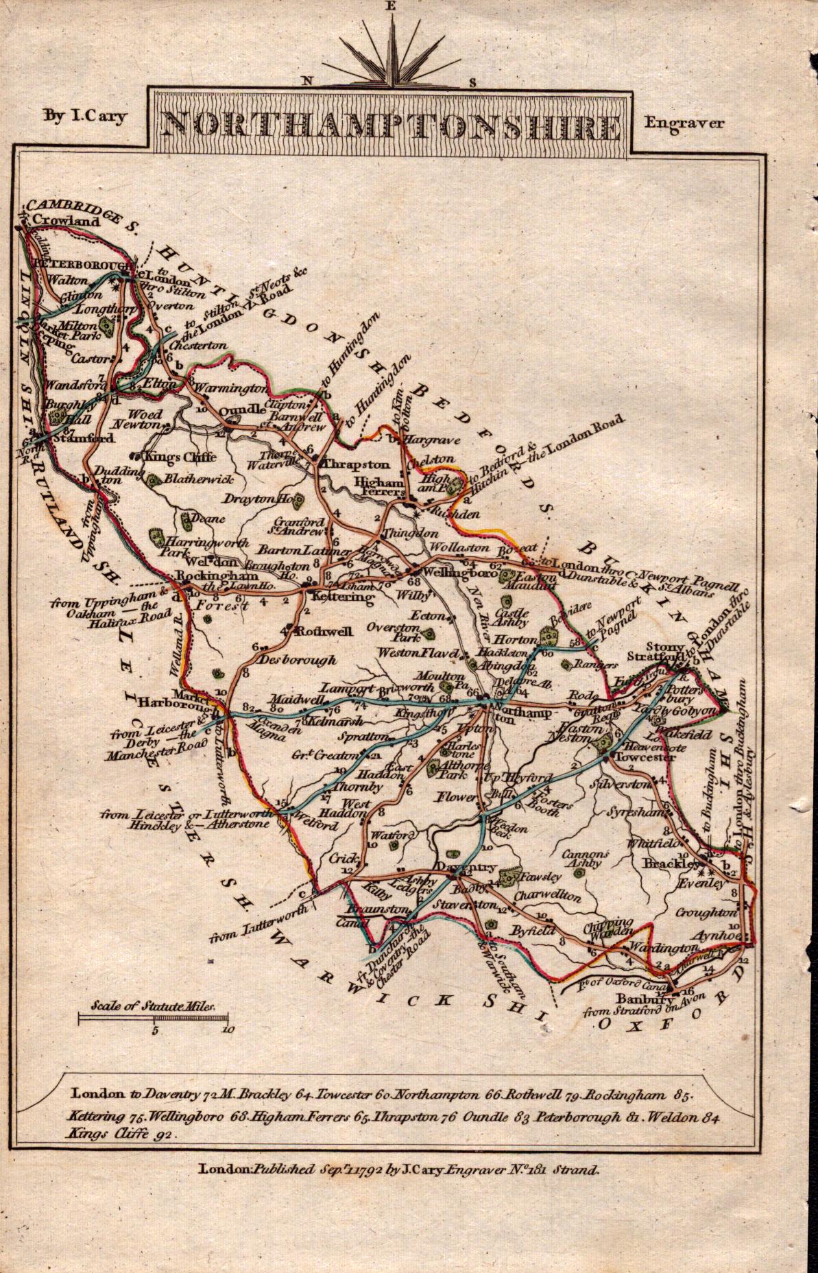 Northamptonshire John Cary’s 1792 Antique George III Coloured Engraved Map.