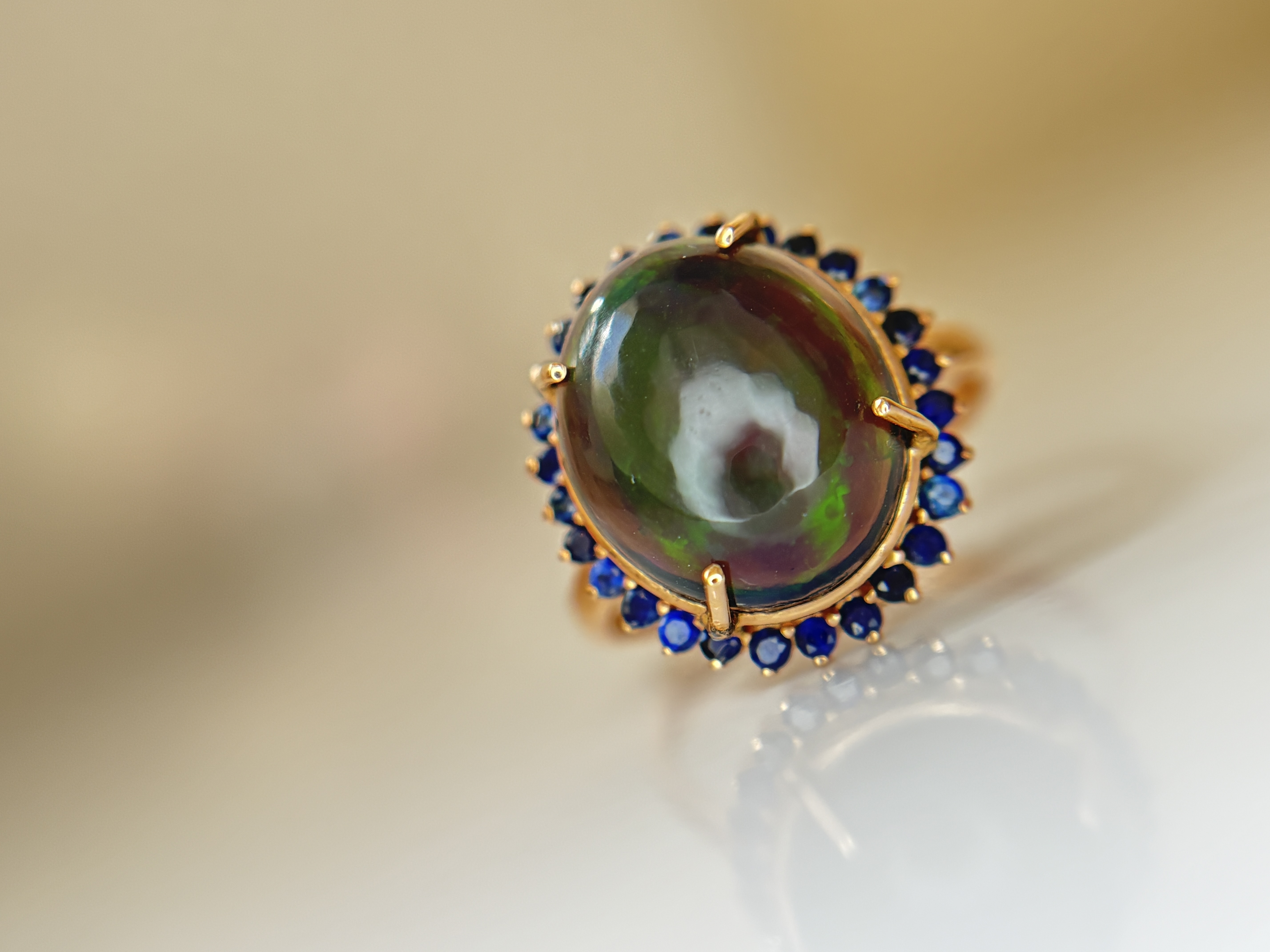 Beautiful Natural 3.40Ct Black Opal Ring With Natural Blue Sapphire and 18k Gold