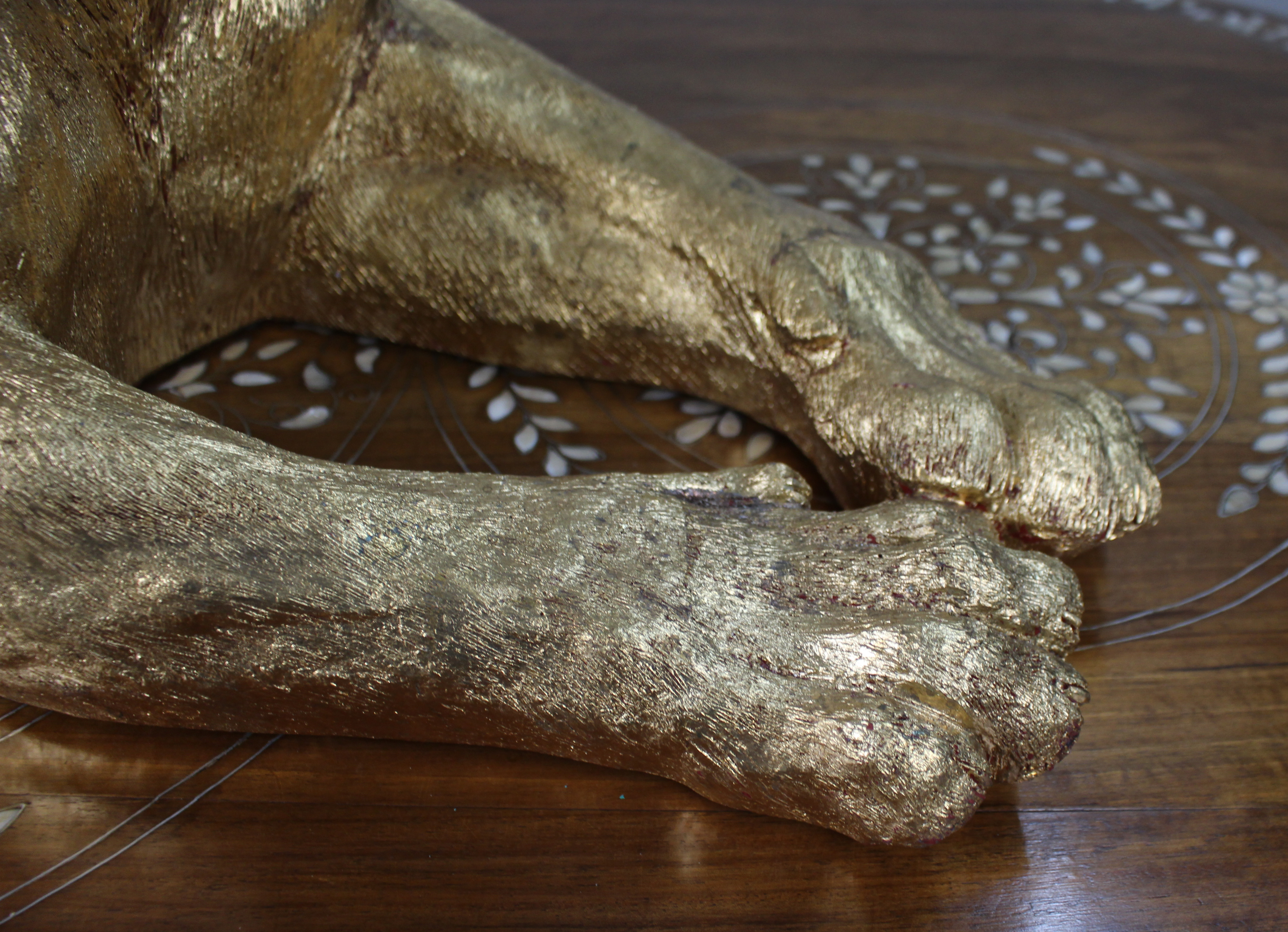 Large Reclining Lioness Sculpture Resin with Hand-Applied Gold Leaf Finish