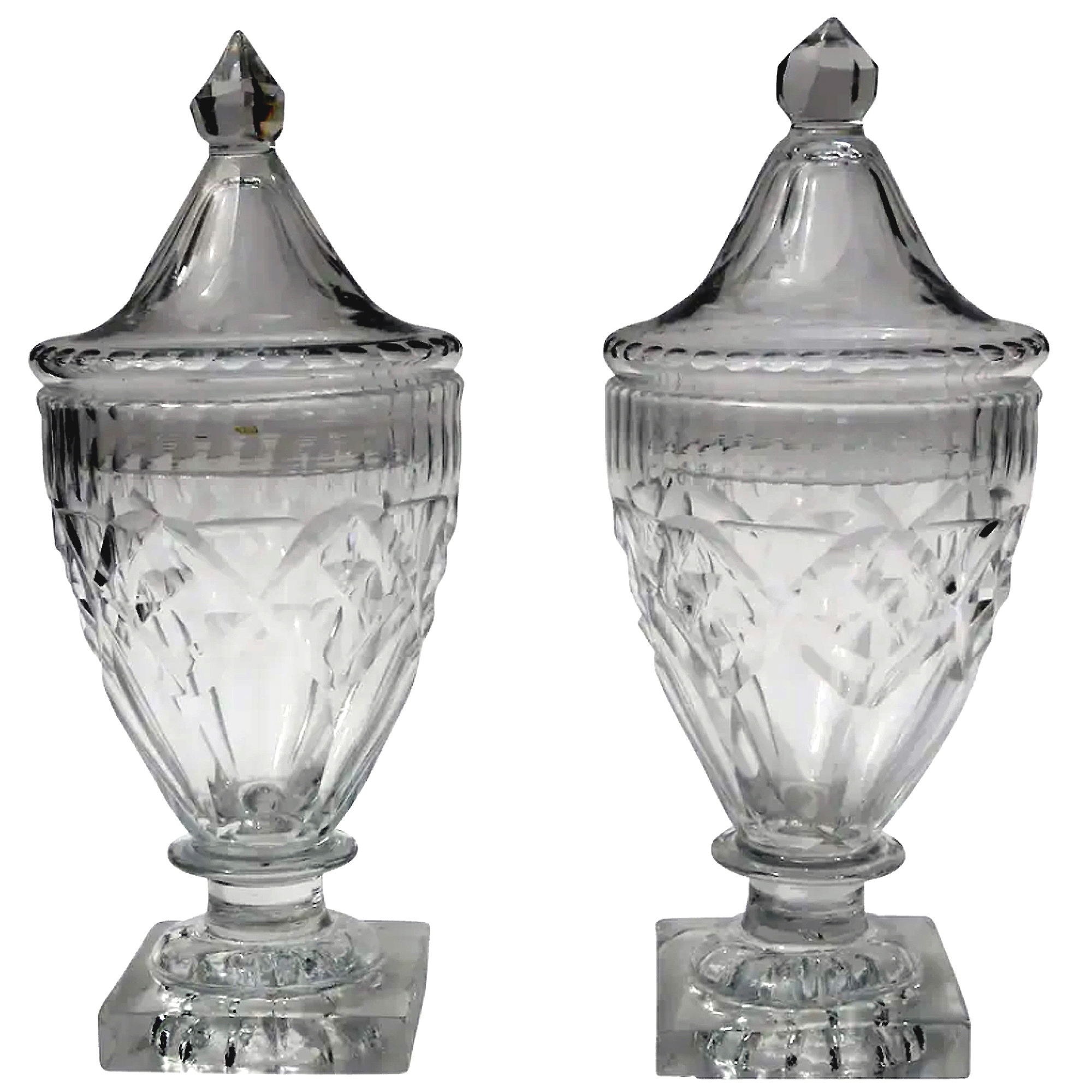 A Pair of Antique Georgian Irish Dublin Cork Cut Glass BonBon Jars Urns C.1790