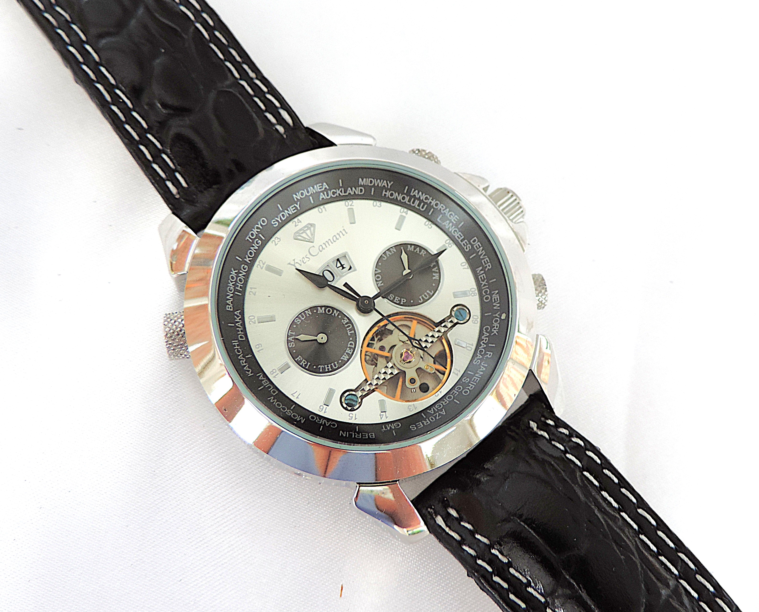 Yves Camani Automatic Watch YC1029-G World Timer Black Leather Strap 'NEW'