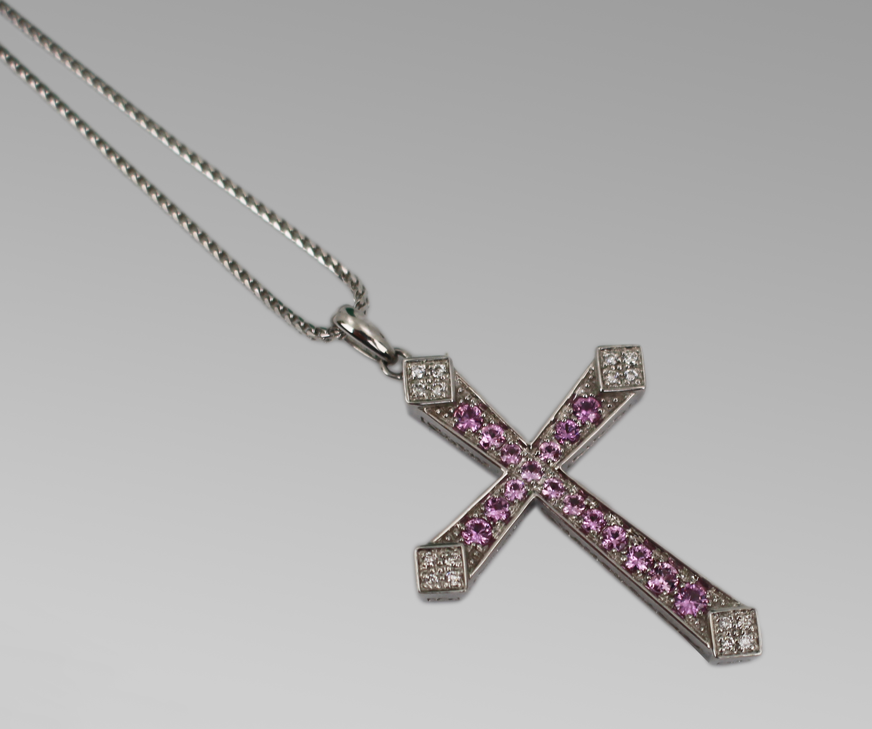 Very Fine Pink Diamond & Diamond 18ct White Gold Crucifix on Chain