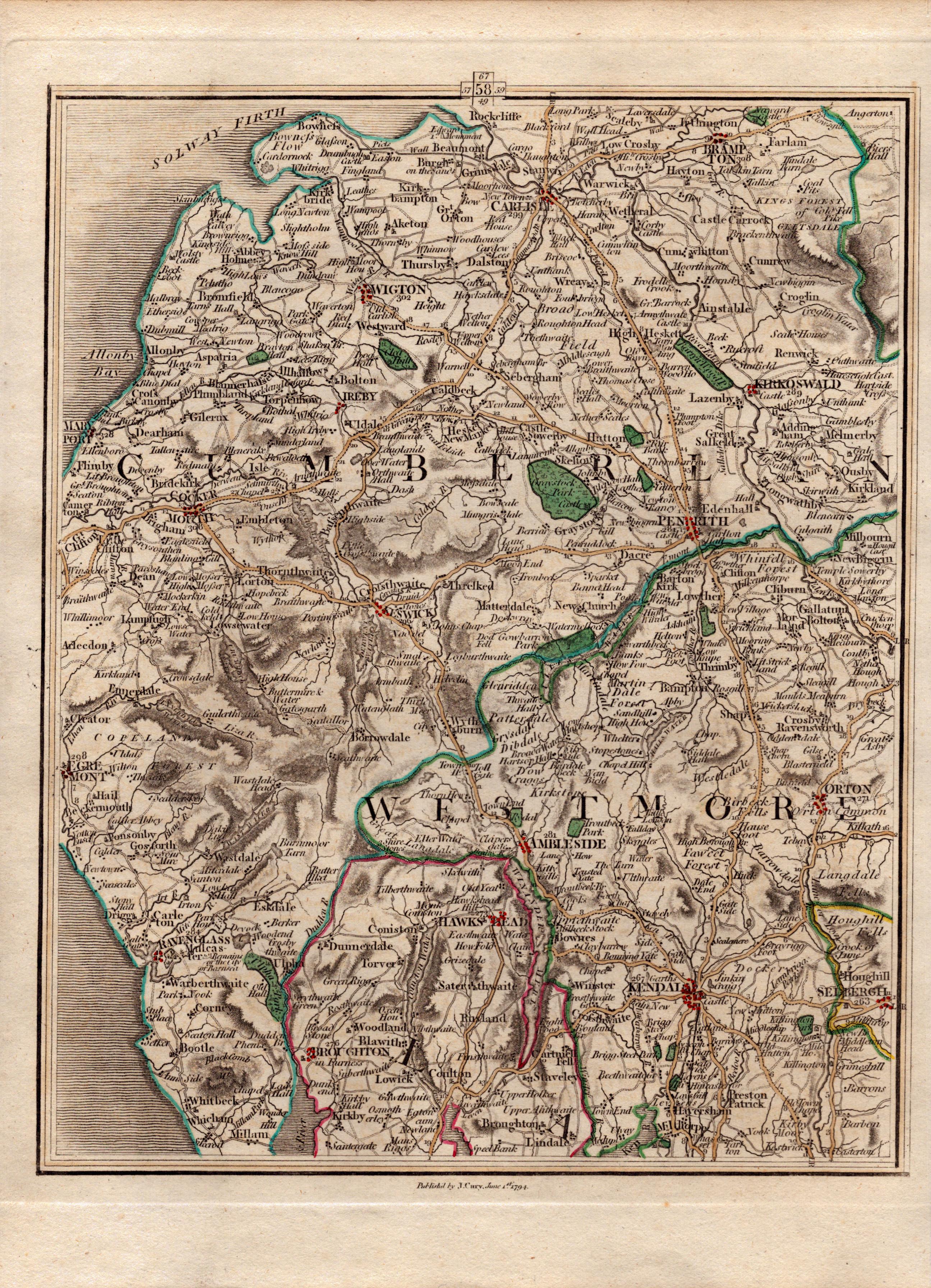 The Lakes Ambleside Kendal Ravenglass John Cary’s Antique George III 1794 Map.