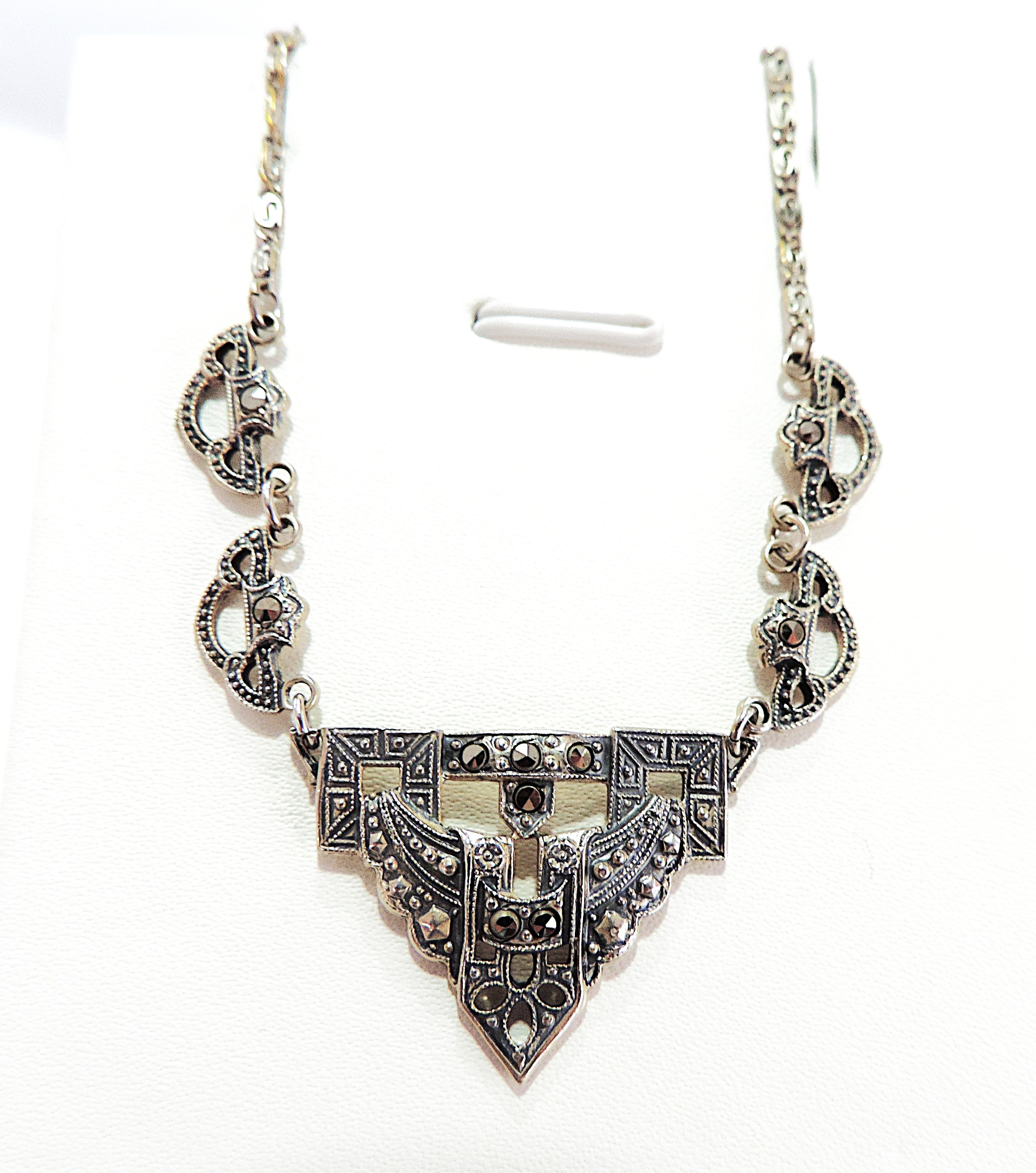 Antique Art Deco 925 Sterling Silver Marcasite Gemstone Necklace
