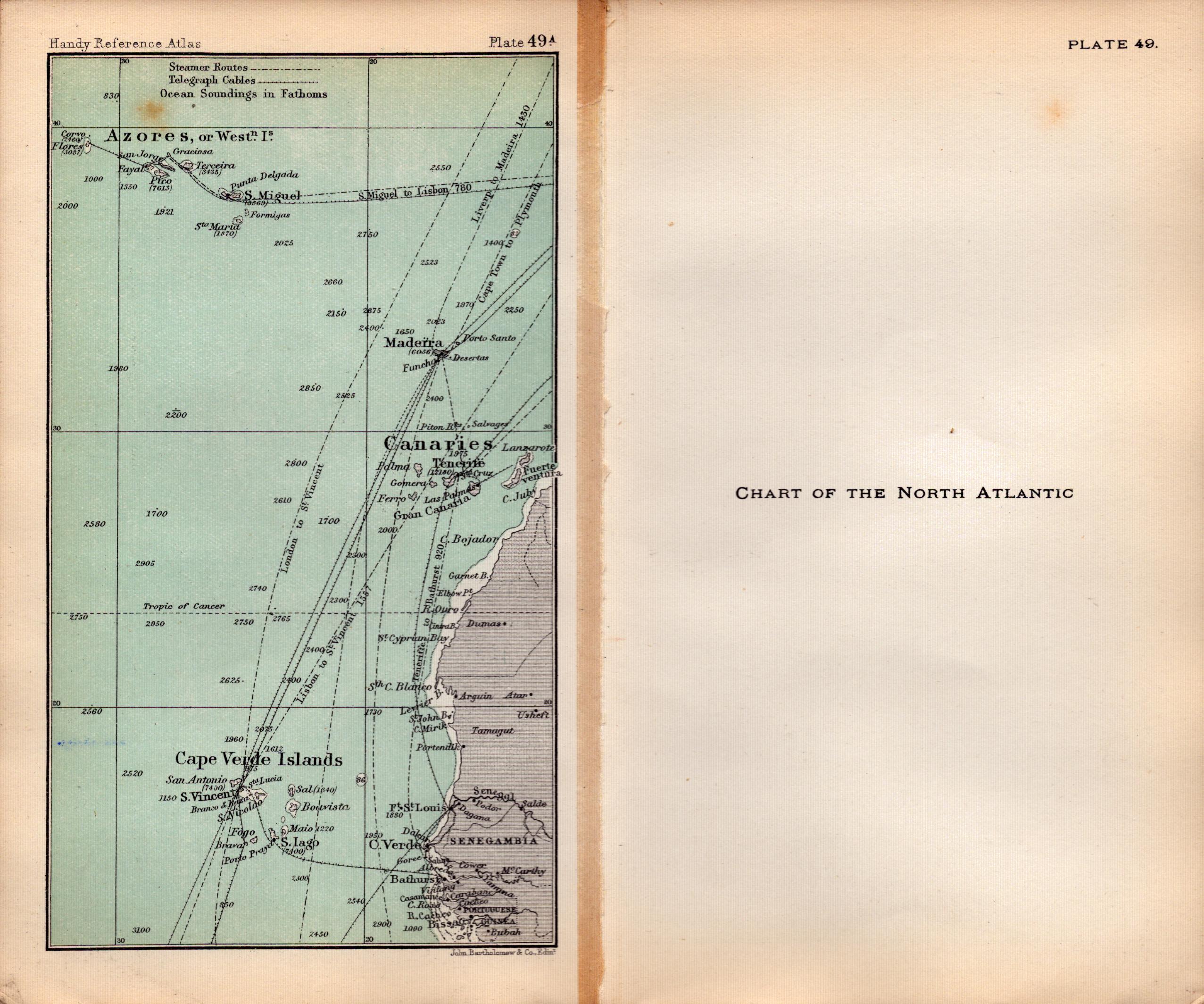 North Atlantic Chart  Double Sided Victorian Antique 1898 Map.