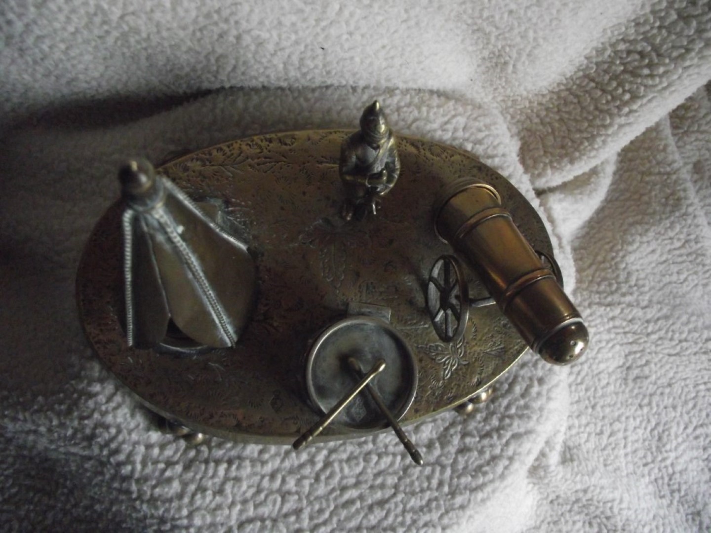 Victorian Brass Inkwell Desk Set - Military Theme - Lozenge Mark 13th January 1883