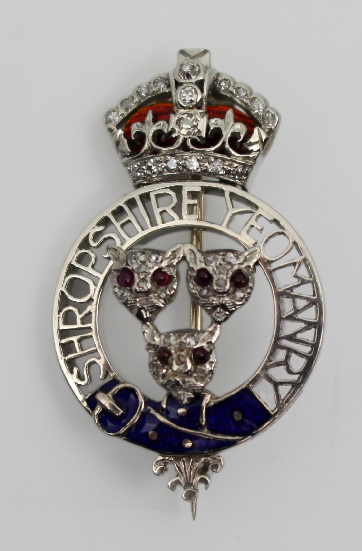 Fine Shropshire Yeomanry Sweetheart Brooch by Garrard – Gold, Enamel, Ruby Eyes