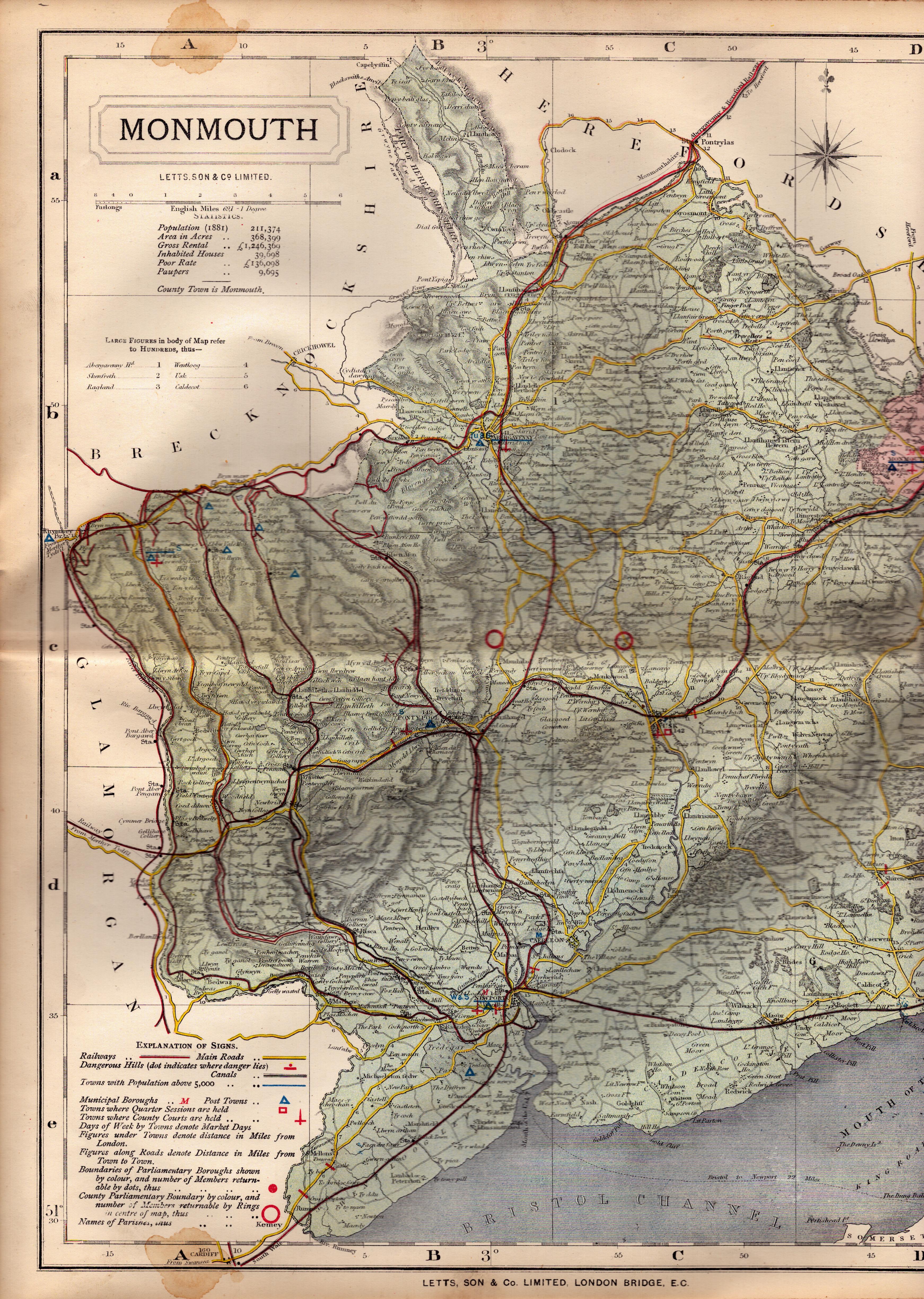 The County of Monmouth Large Victorian Letts 1884 Antique Coloured Map.