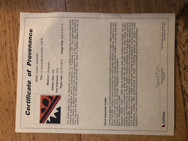 Three (3) Alexander Calder 'La Grenouille Et La Scie' 1974. Certificate of Provenance.