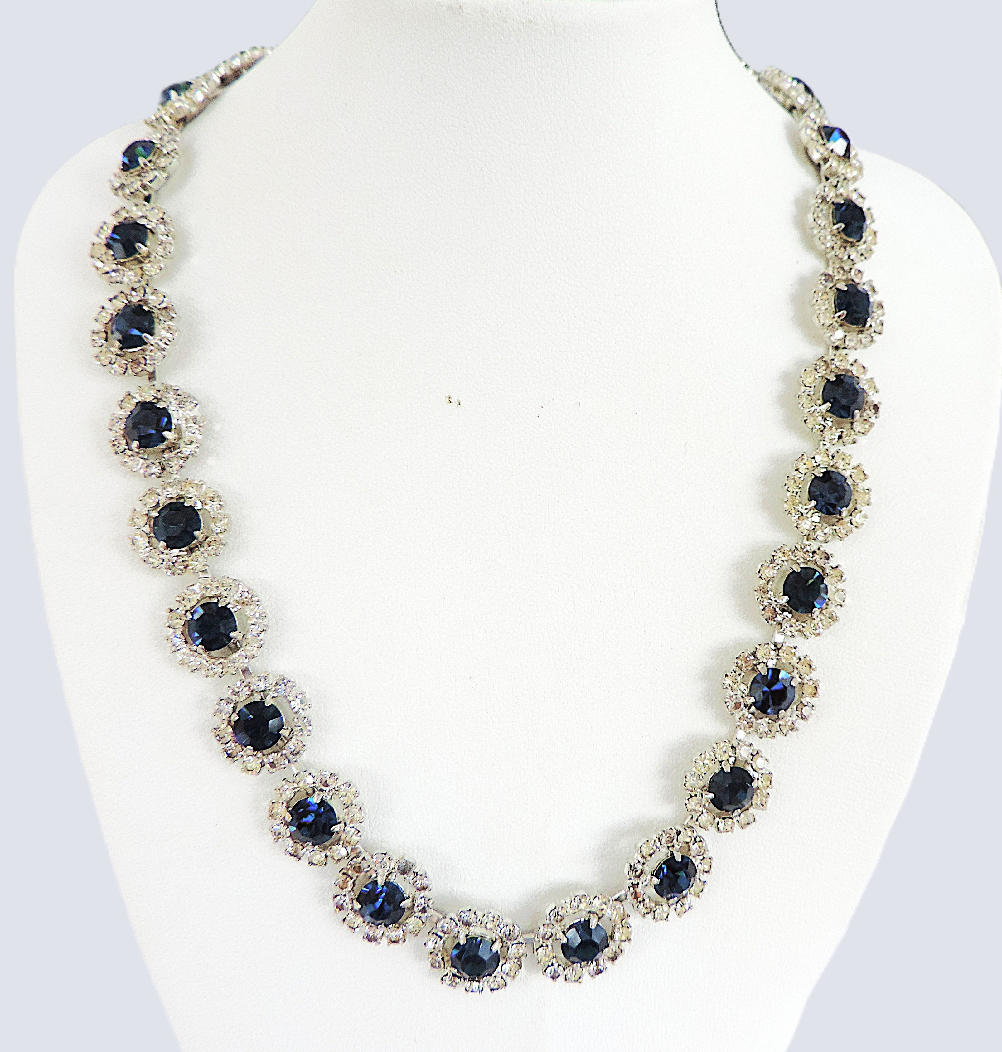 Vintage 1930's Sapphire Blue & White Rhinestone Crystal Necklace