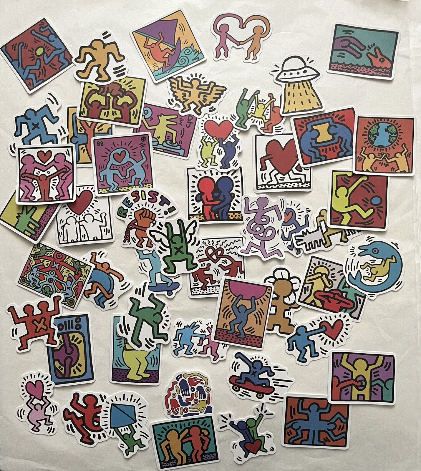 Keith Haring (1958-1990) 25 Piece Sticker Set, AV Size 5 x 5 cm Inc Family Hug, Disco Dino, 2020