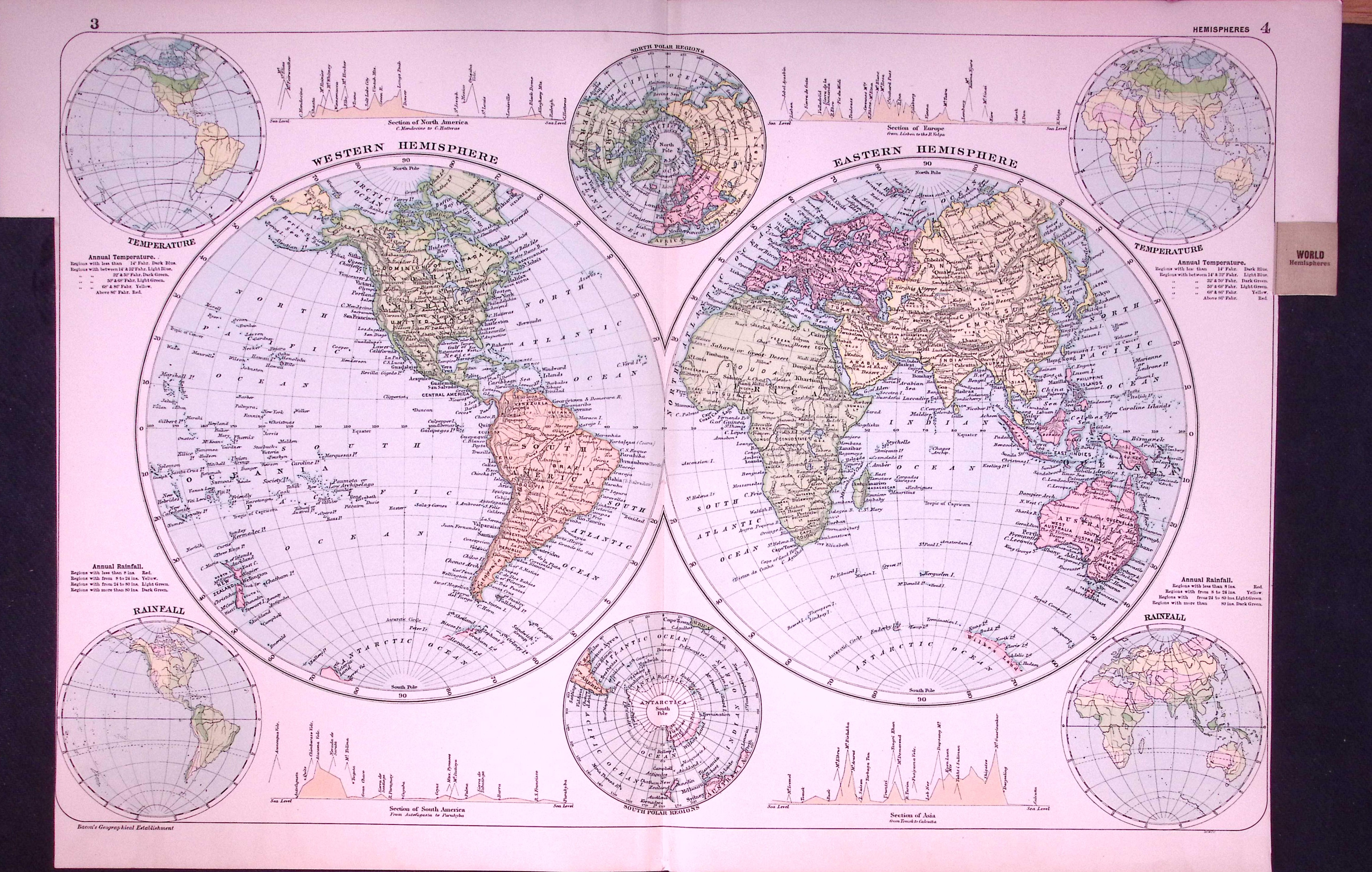 Western & Eastern Hemispheres 120-Year-Old Large Antique Map by G.W. Bacon-4