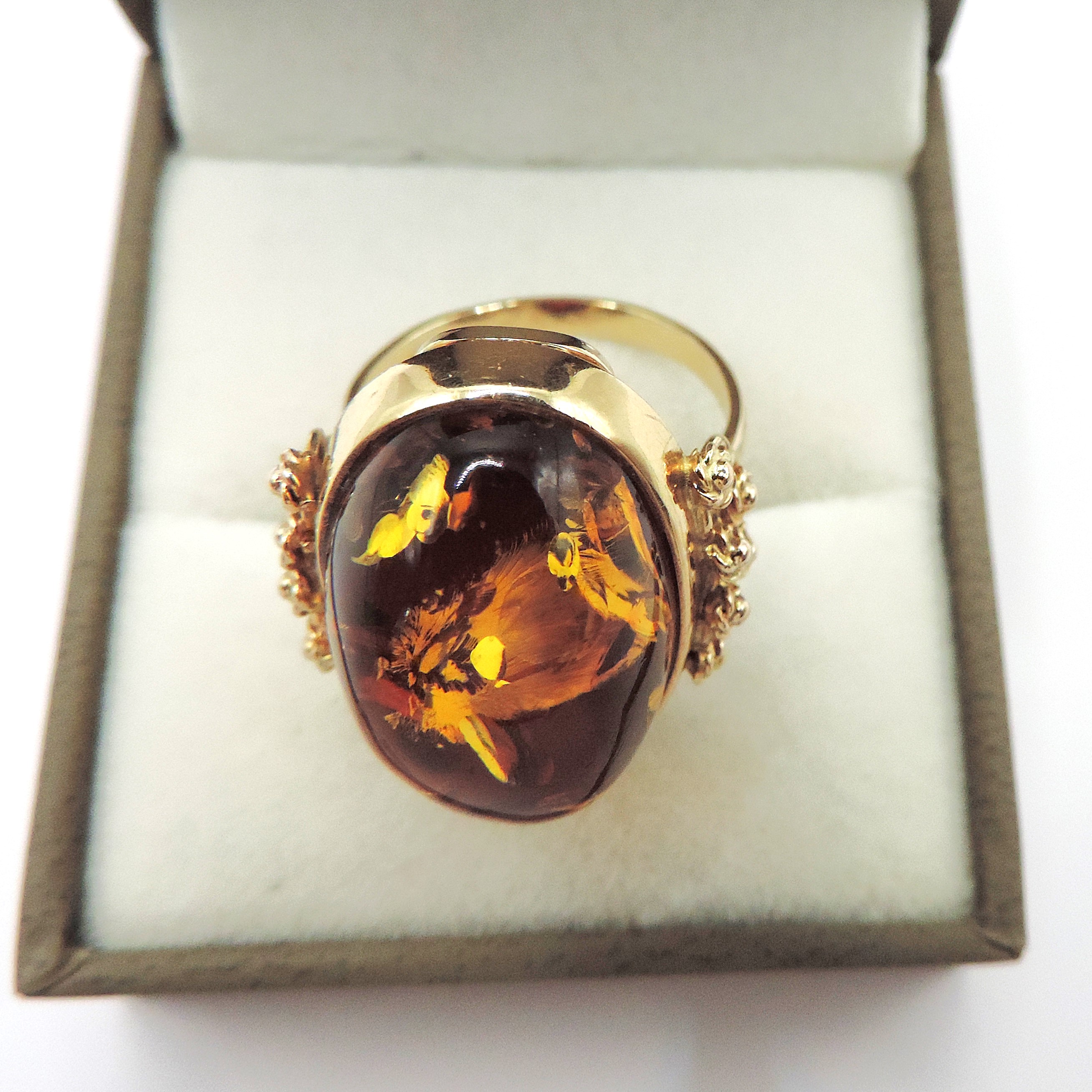 Artisan 14k Gold 23x12mm Cabochon Baltic Amber Ring circa. 1990's.