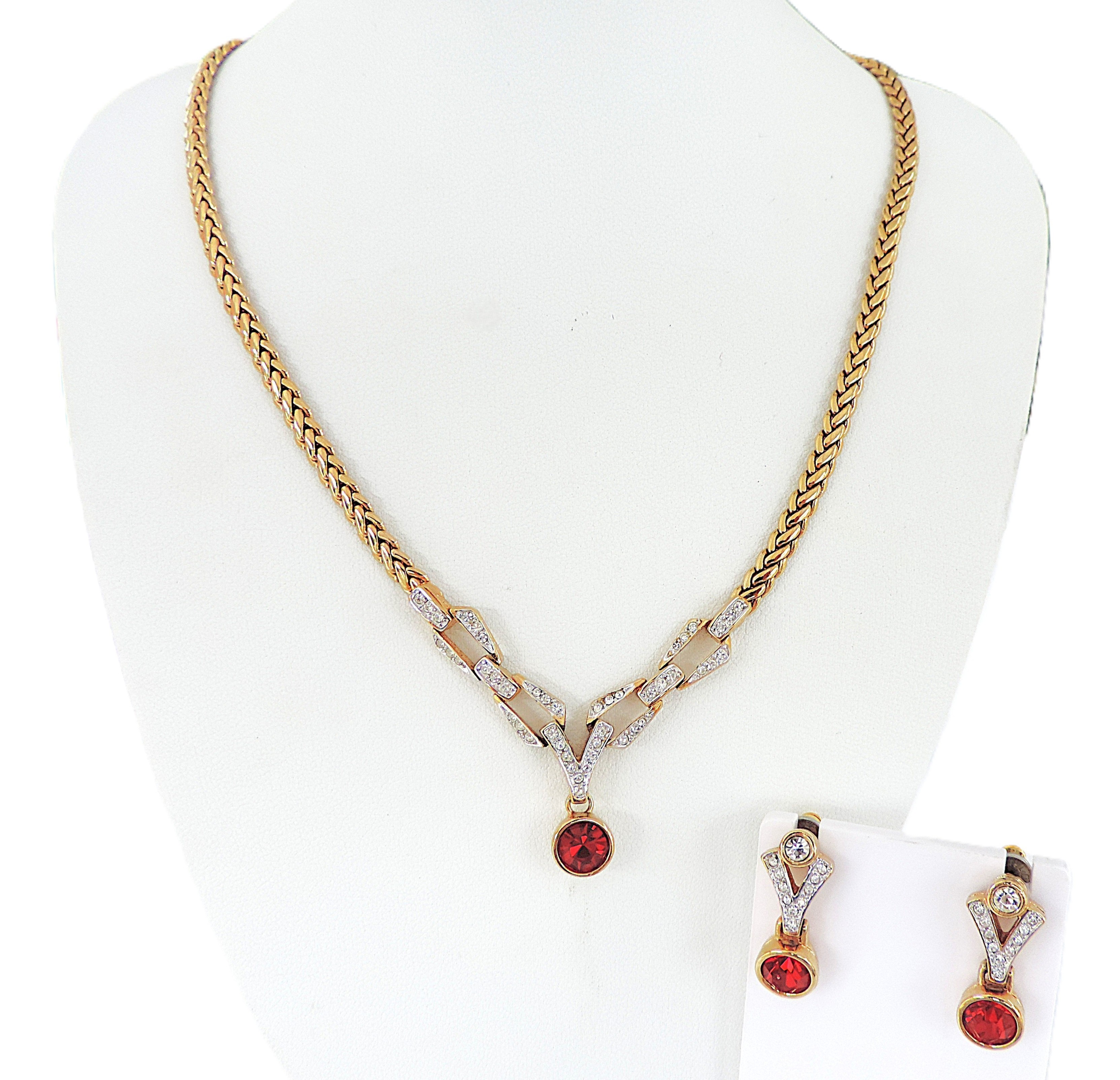 Vintage Gold Plated Austrian Crystal Necklace & Earrings Set c.1980's