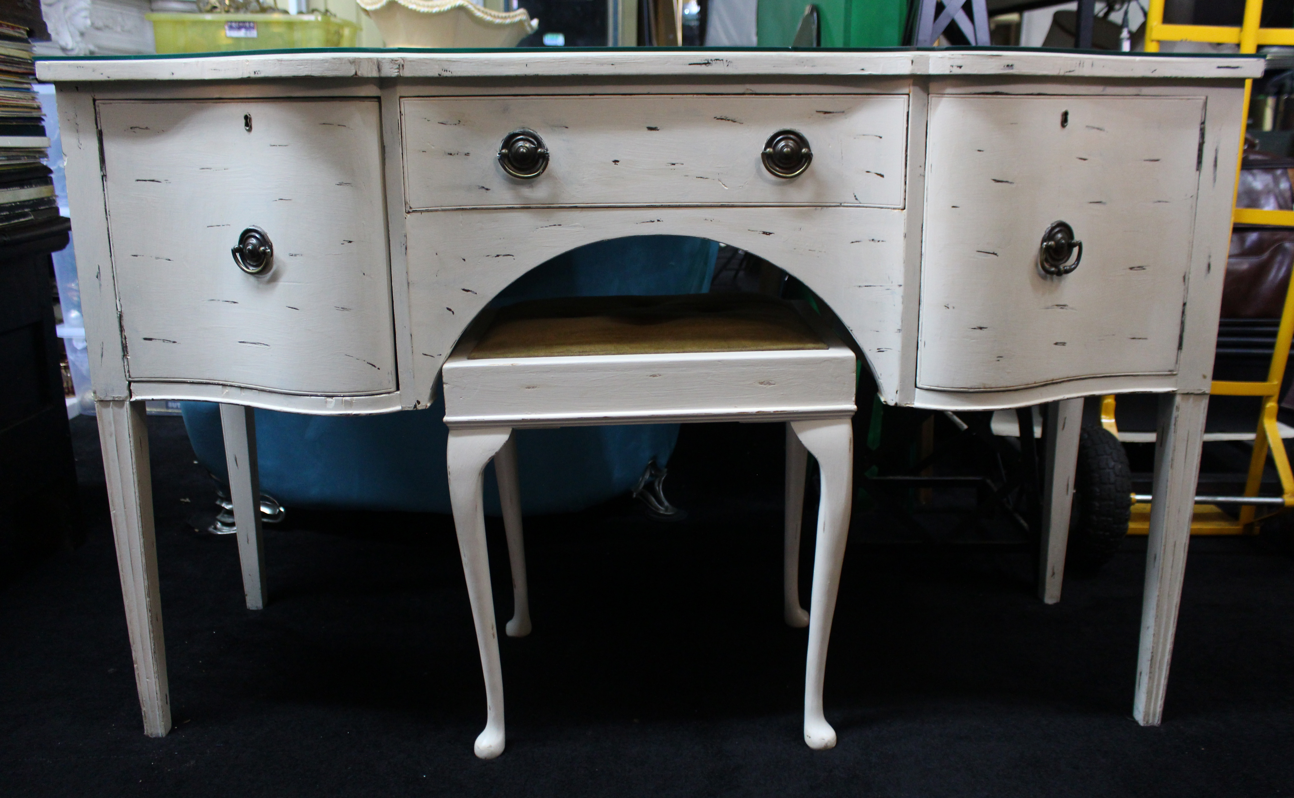 Vintage Painted Dressing Table with Stool – Distressed Cream Finish, Glass Top