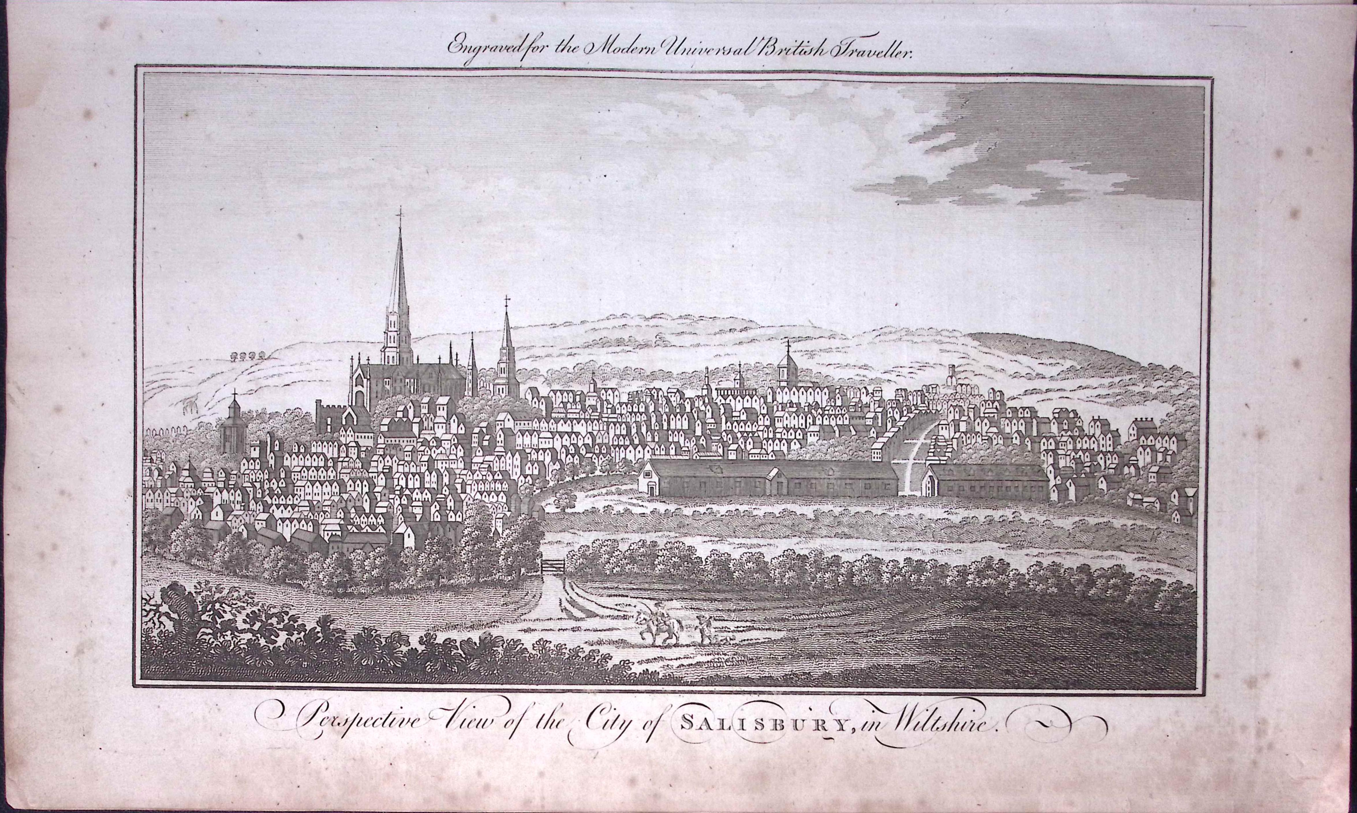 The City of Salisbury Rare Large 247-Year-Old Antique Copperplate Engraving -20-TR