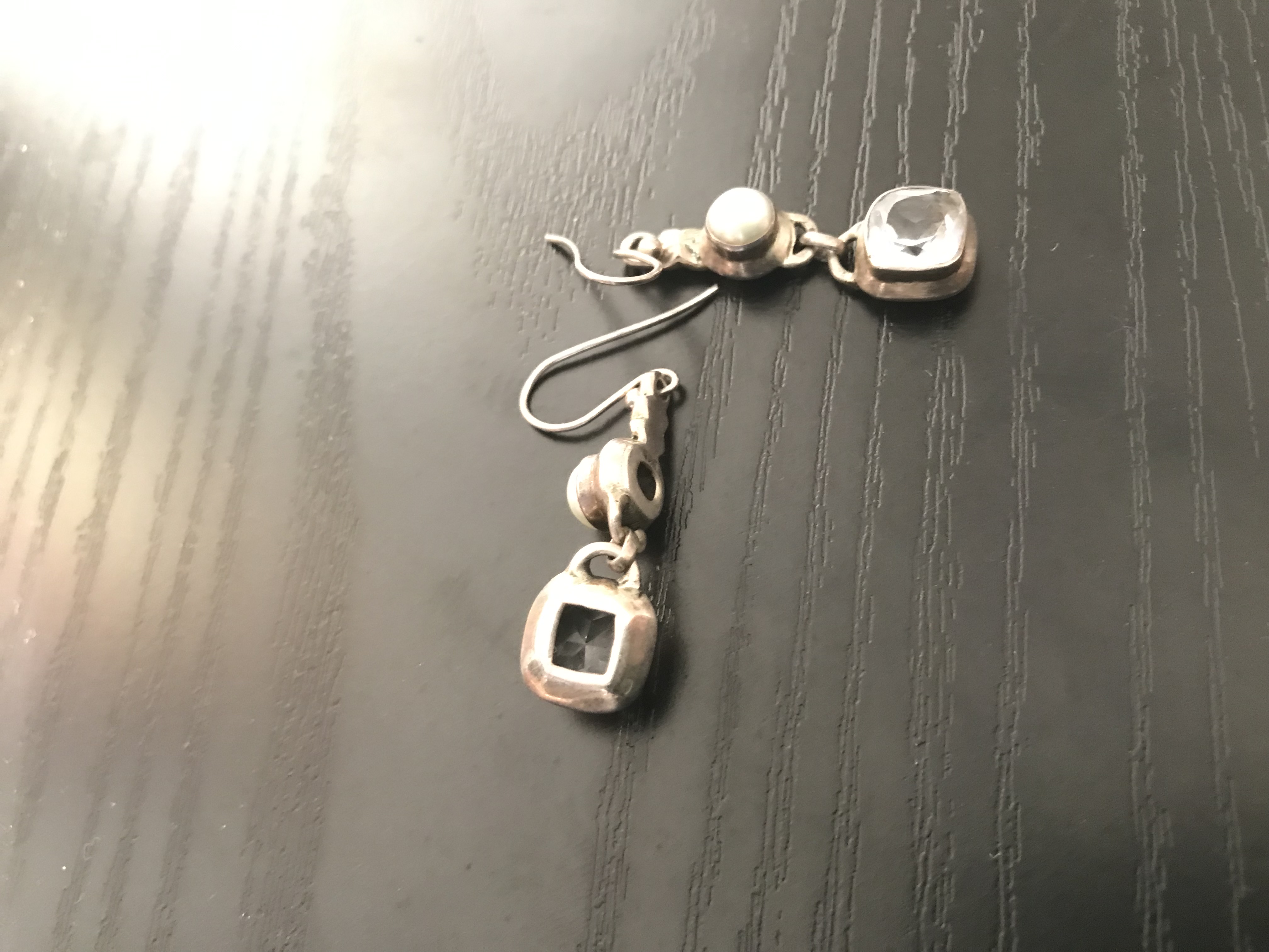 Vintage 925 Sterling Silver Clear Quartz and Pearl Drop Earrings