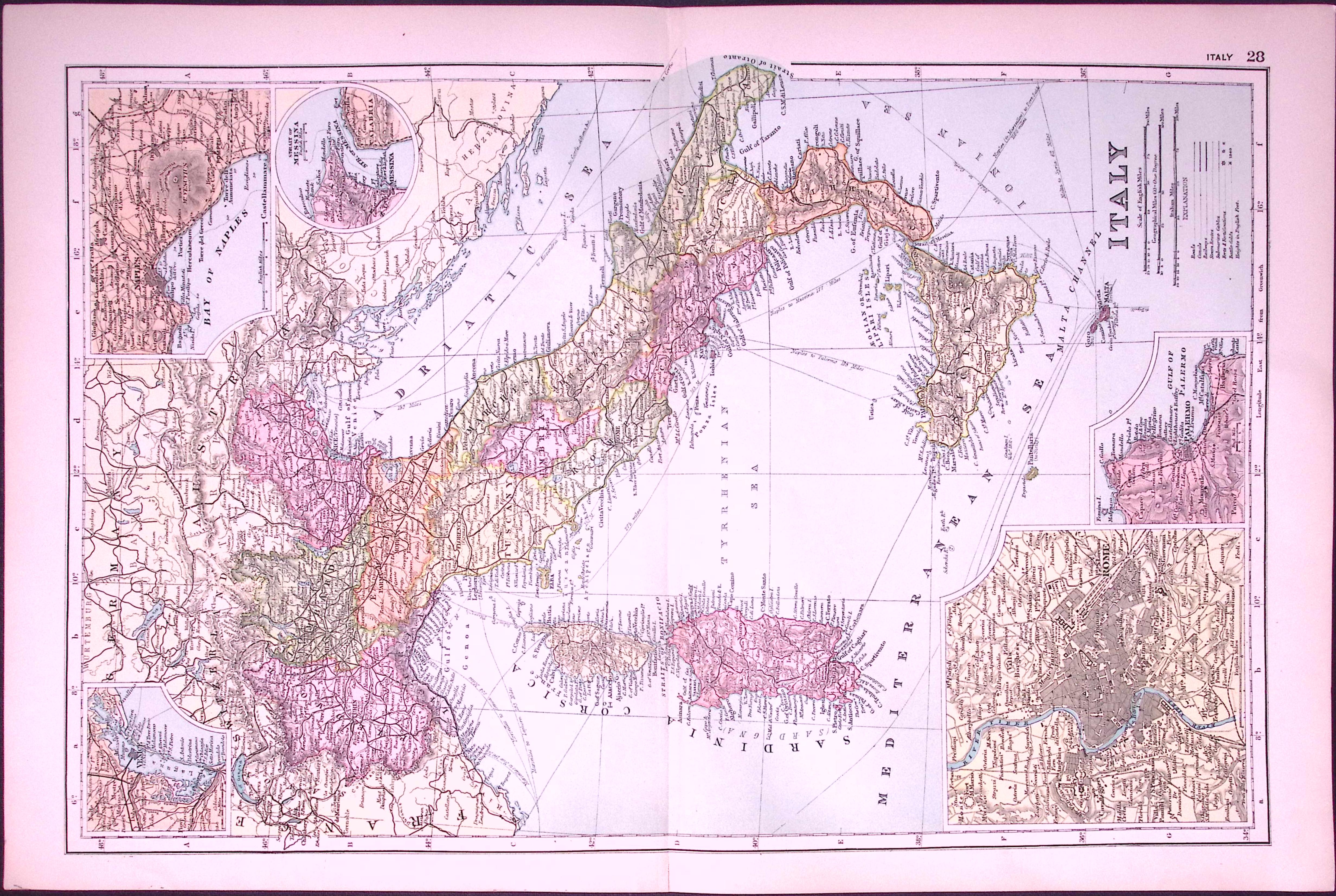 Italy, Rome, Palermo 120-Year-Old Large Antique Map by G.W. Bacon-28