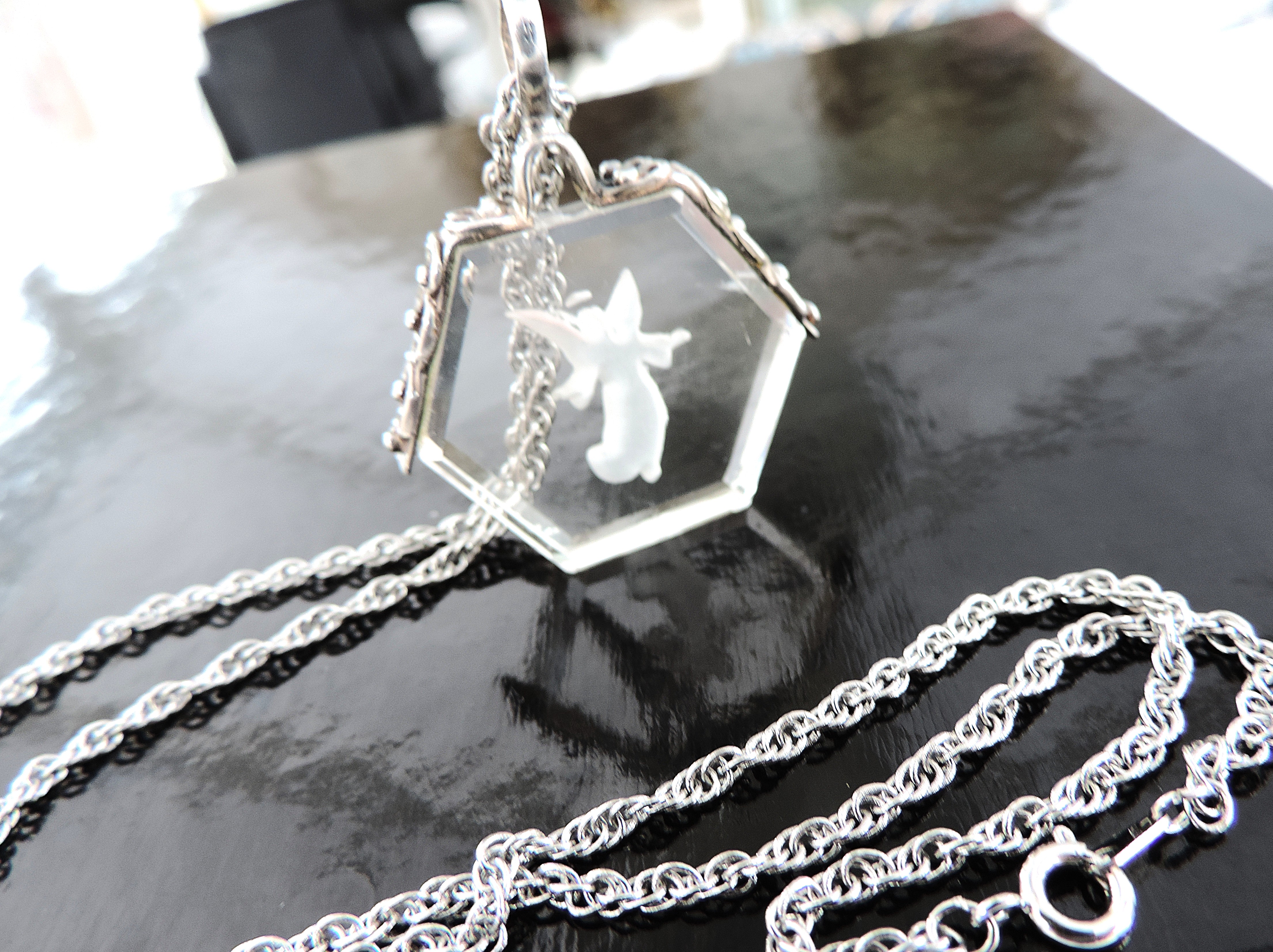 Antique 925 Silver Rock Crystal Carved Angel Intaglio Necklace