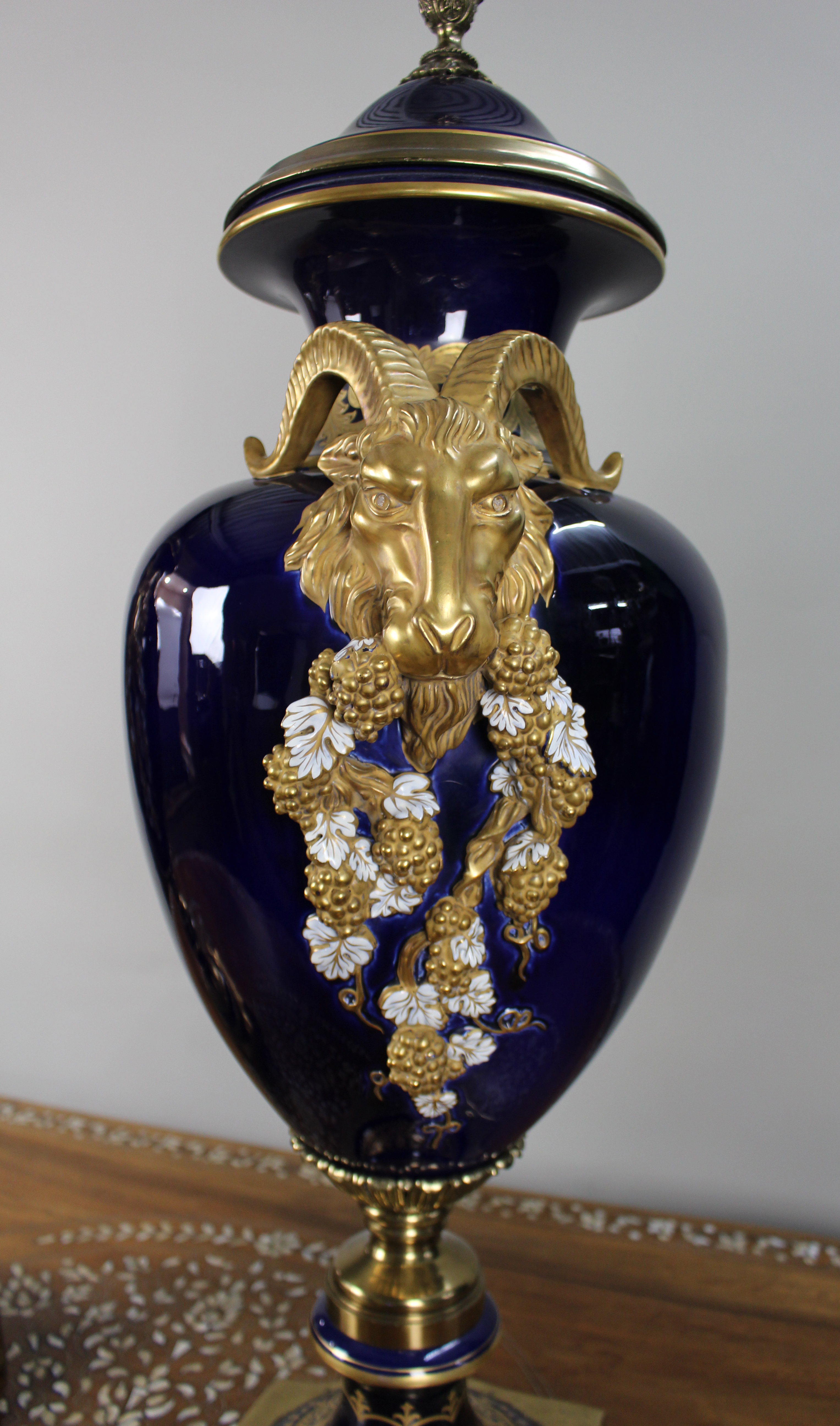 Pair of Fine Sevres Style Cobalt Blue Rams Head Lidded Urns