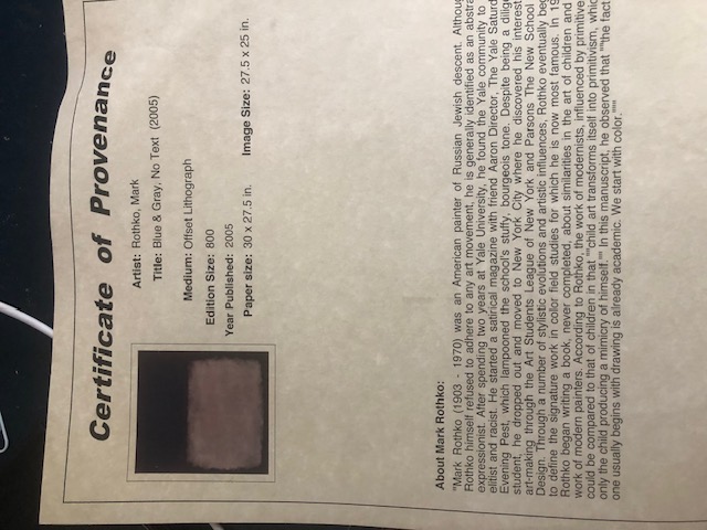 Mark Rothko 'Blue and Grey' 2005. Certificate of Provenance