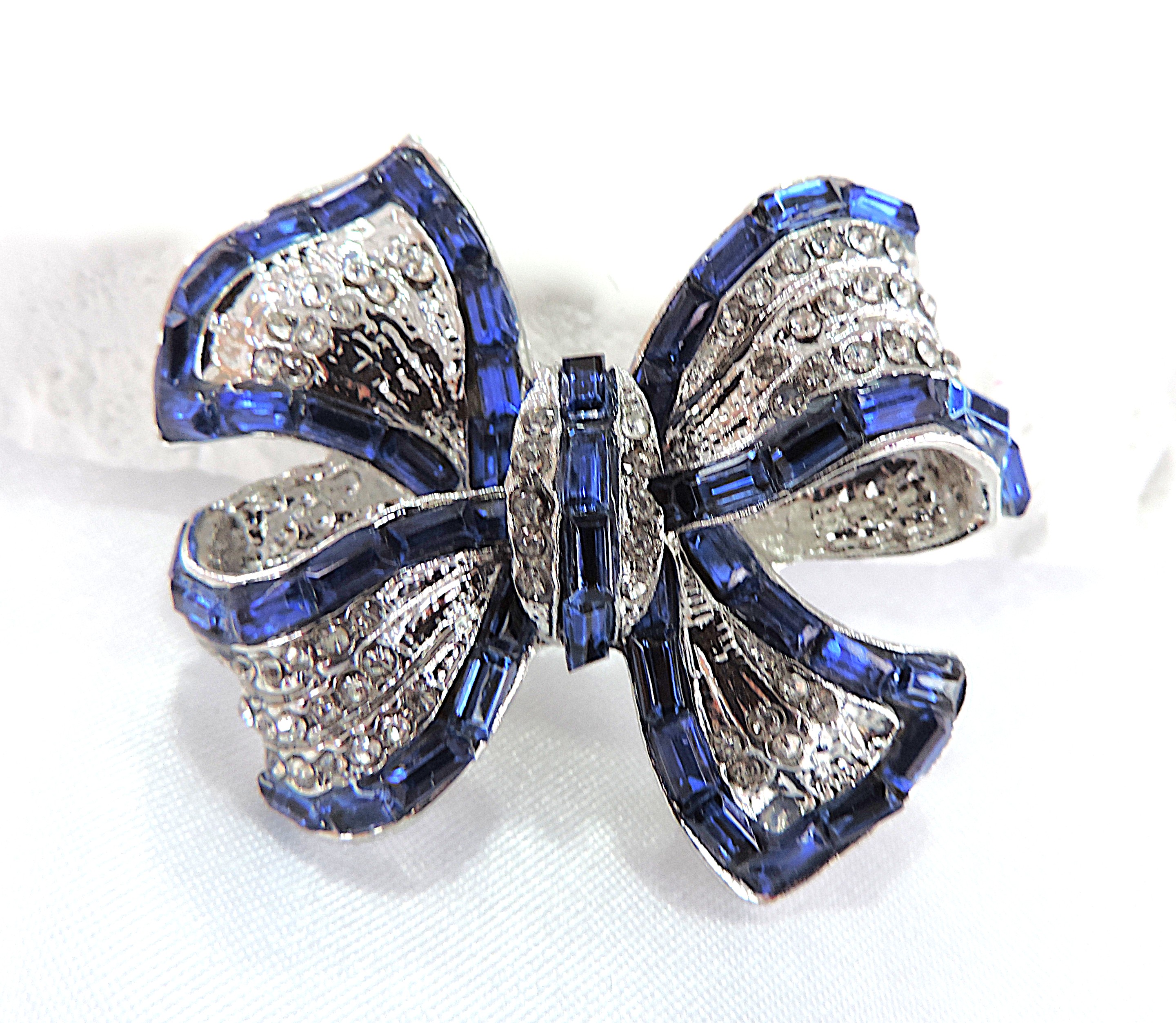 Blue & White Crystal Bow Brooch